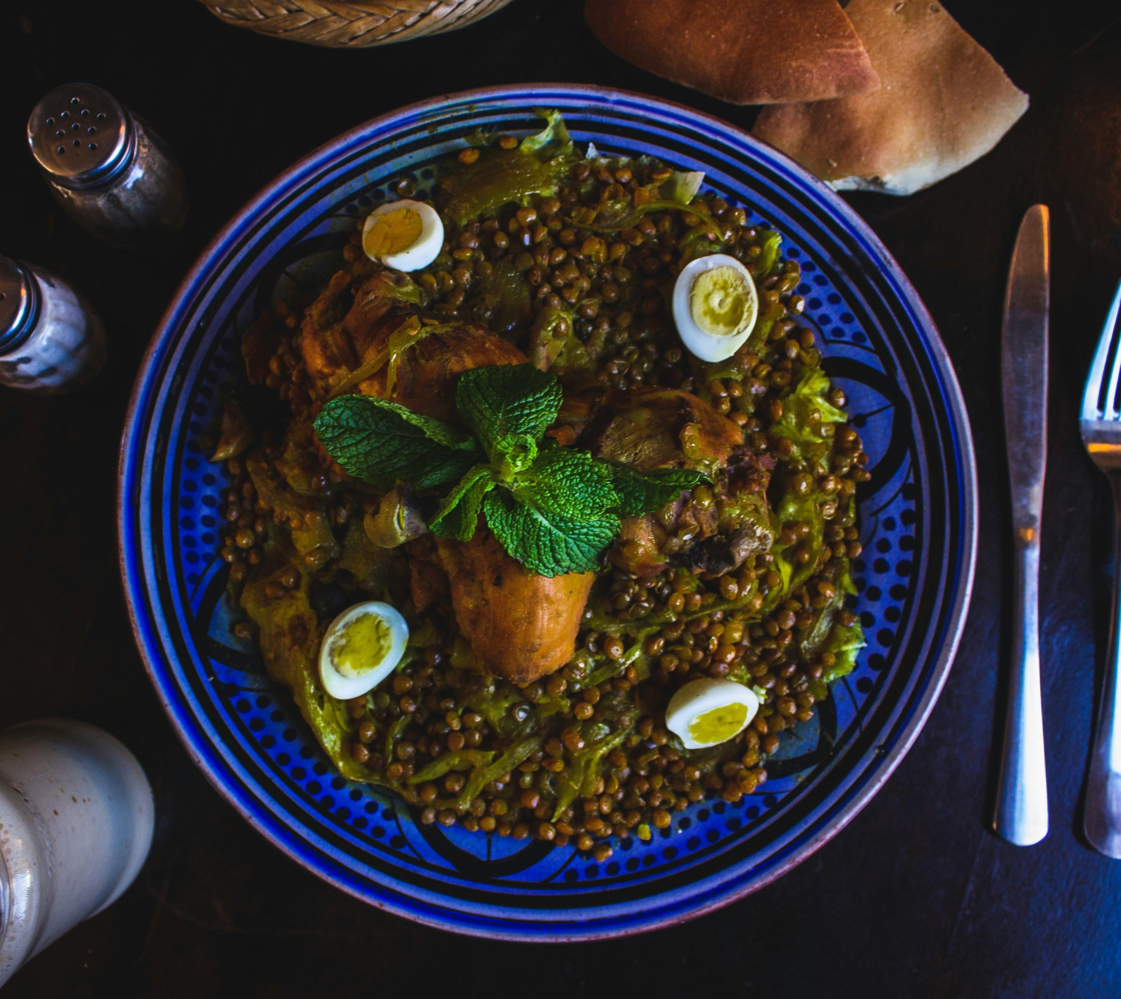 a plate of food on a table with a fork and knife