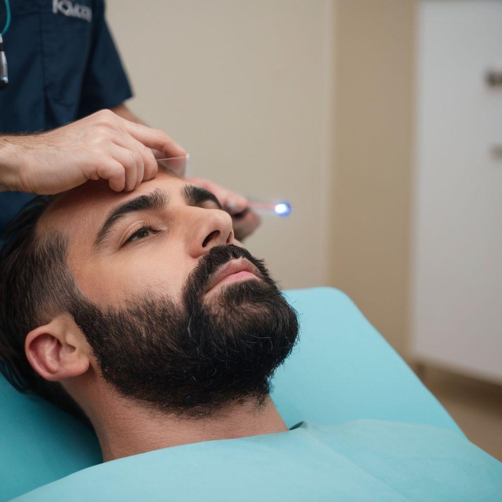 Laser therapy device being used on a man's scalp in a clinic, modern and clean environment, with a focus on the technology, Photographic, High-resolution photography with clinical lighting.