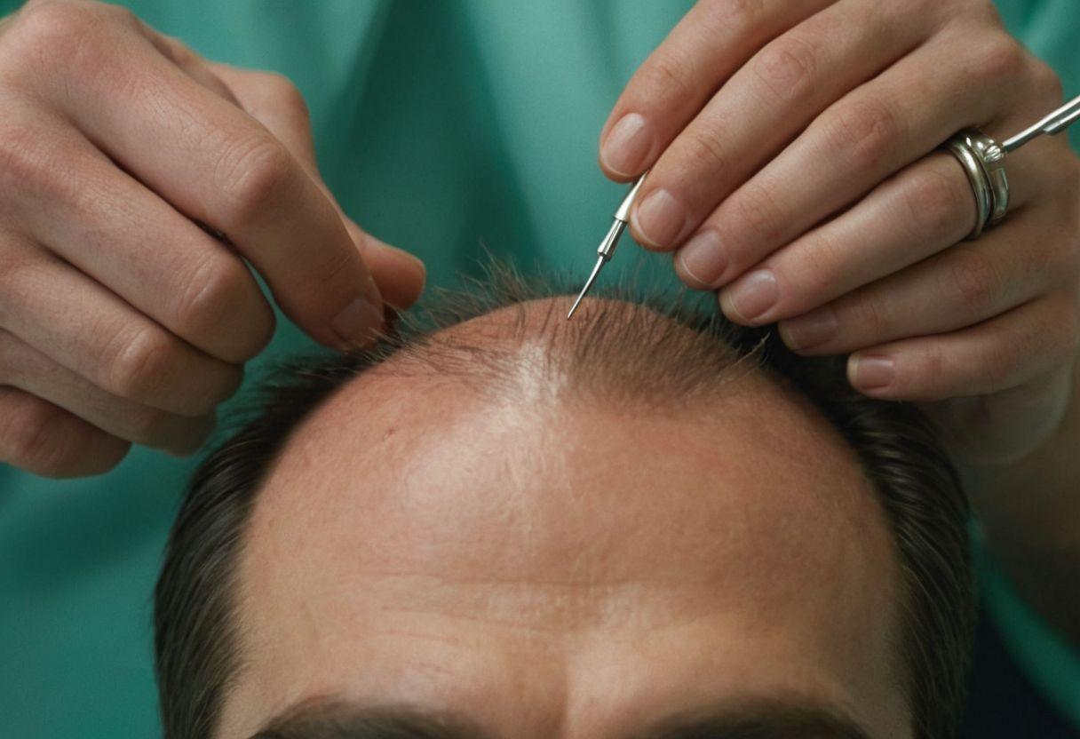 A detailed view of a hair transplant procedure in a medical setting, showing hands performing the surgery, clean and precise environment, Photographic, Close-up photography with detailed focus.