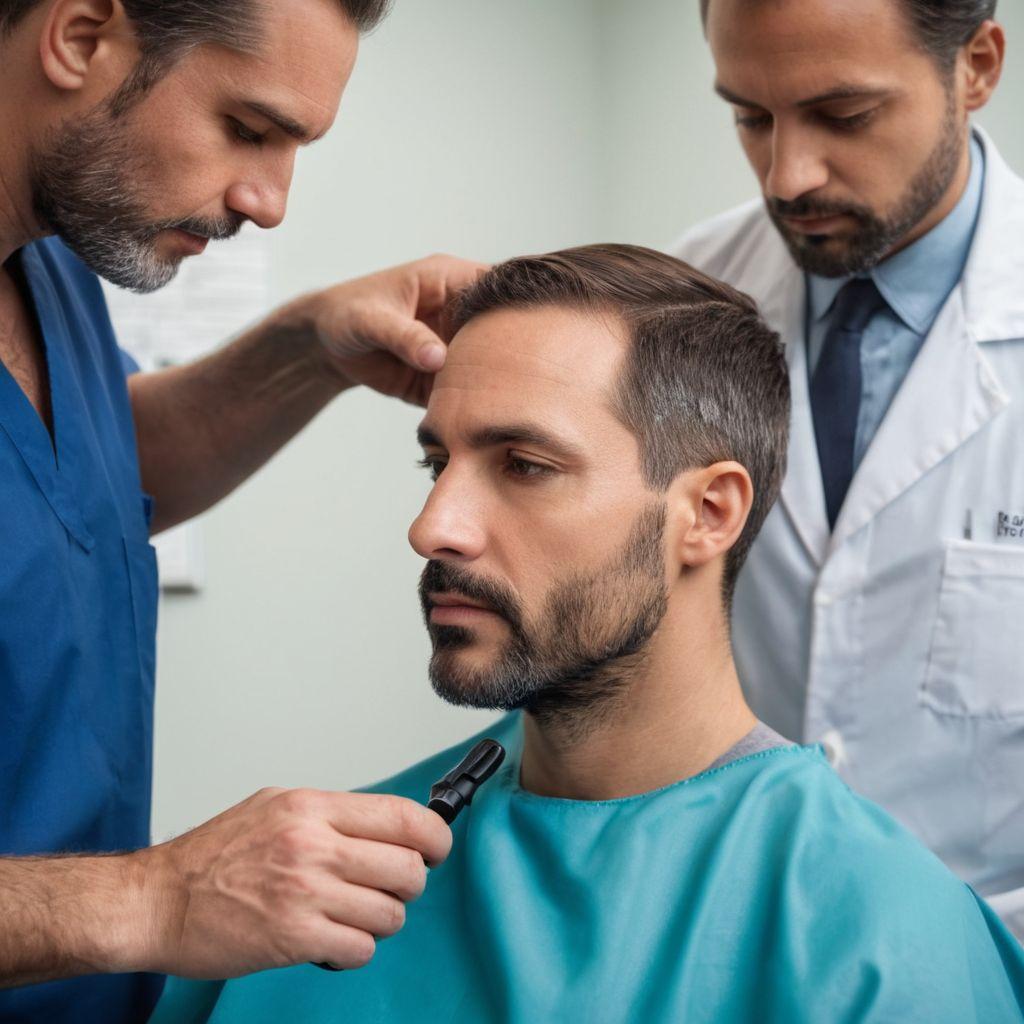 A doctor examining a male patient's scalp with a magnifying glass in a clinical setting, focused, with a professional and serious atmosphere, Photographic, Photography in a medical office using DSLR with sharp focus.