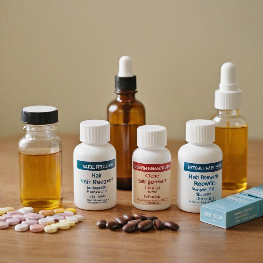 Various hair regrowth medications displayed on a table, clear labels visible, in a bright and clean setting, Photographic, High-resolution photography with natural lighting.