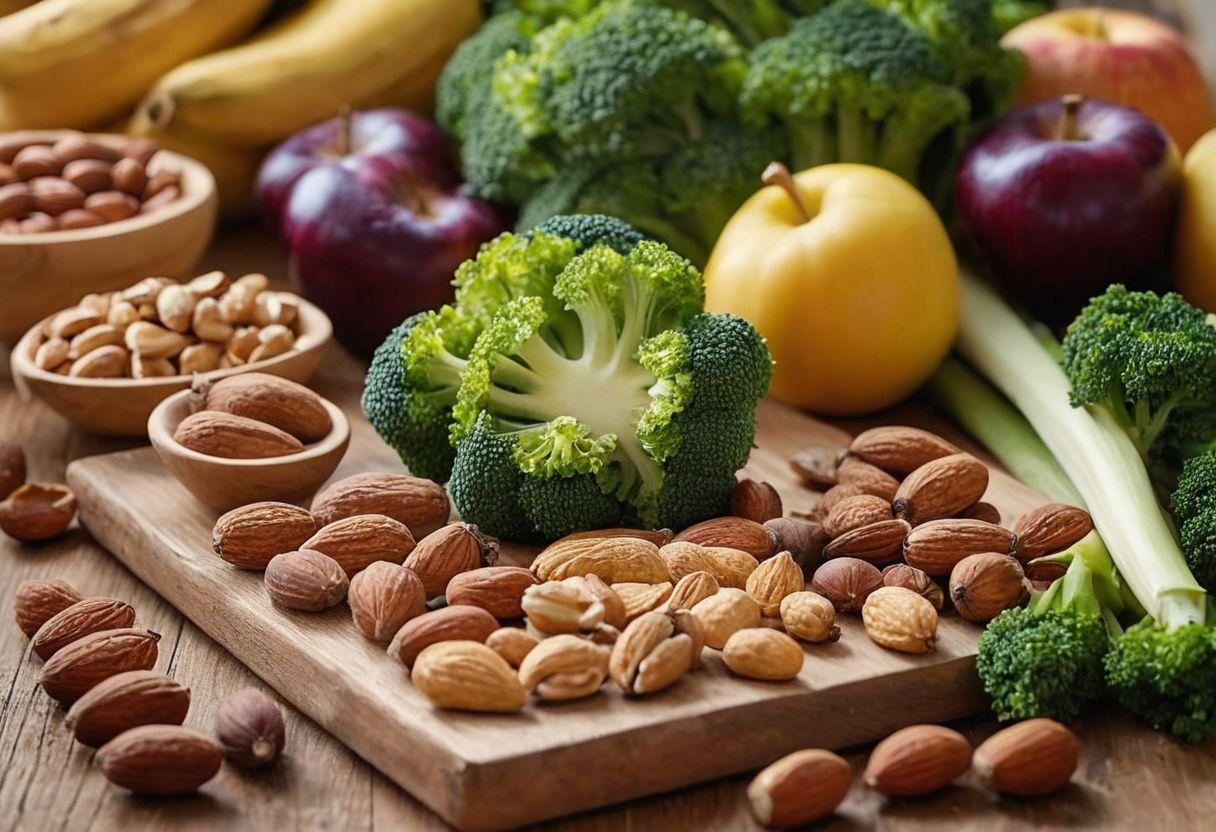 Various healthy foods including nuts, fruits, and green vegetables artistically arranged on a wooden table, natural daylight, Photographic, captured with a macro lens.