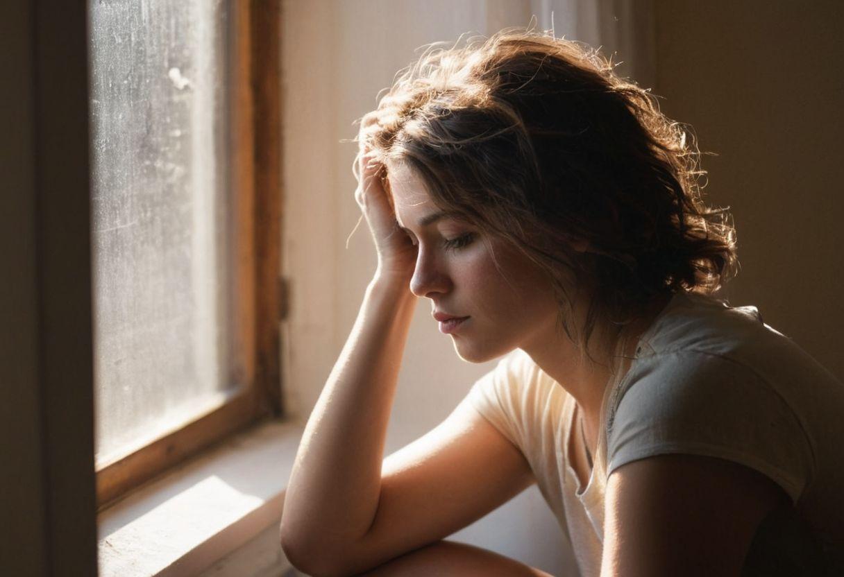 A distressed person sitting by a window, sunlight casting shadows, pulling their hair gently, Photographic, captured with natural light and a medium telephoto lens.