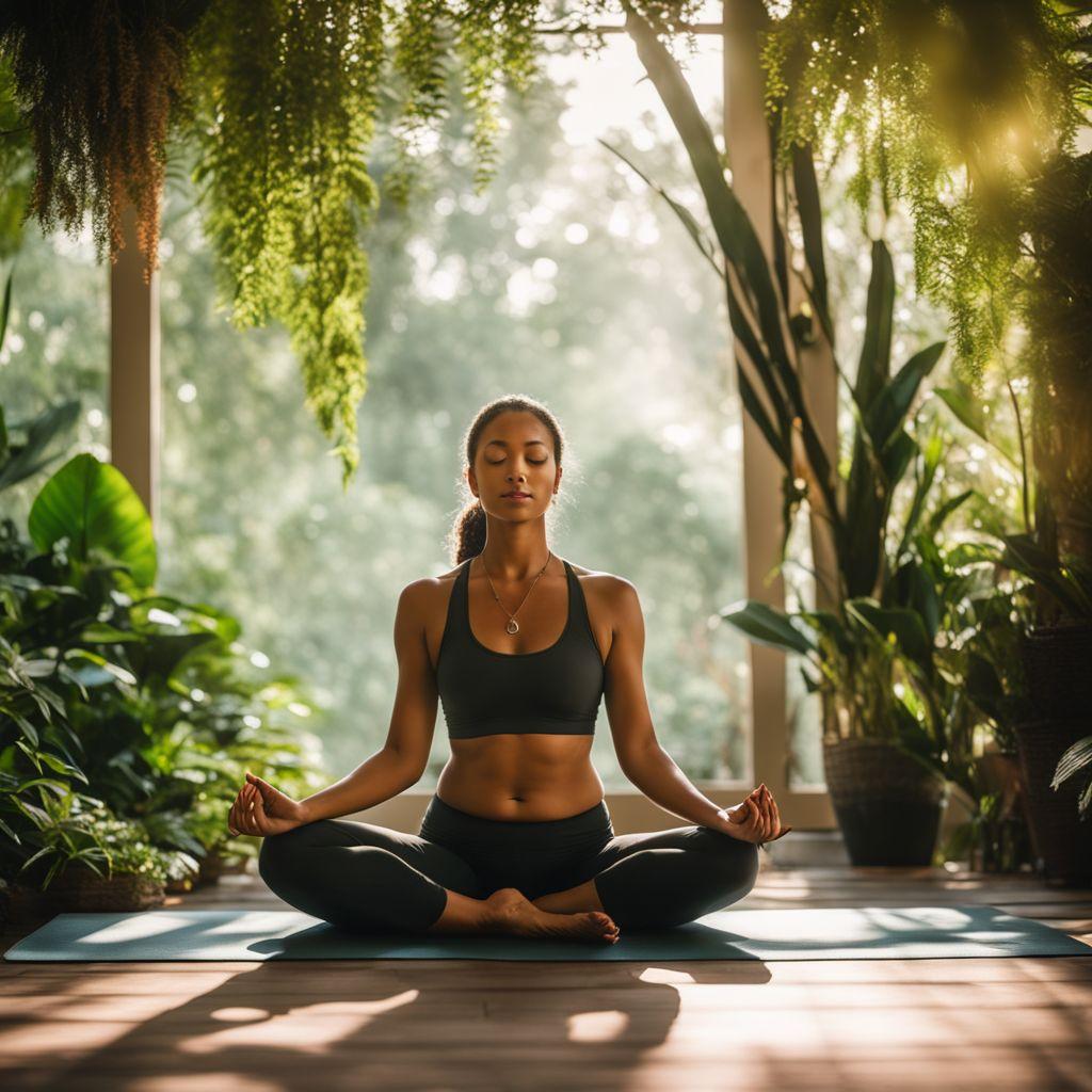 A serene yoga session outdoors, a person in a peaceful pose on a mat surrounded by green plants, soft sunlight, Photographic, captured with a wide-angle lens in natural light.