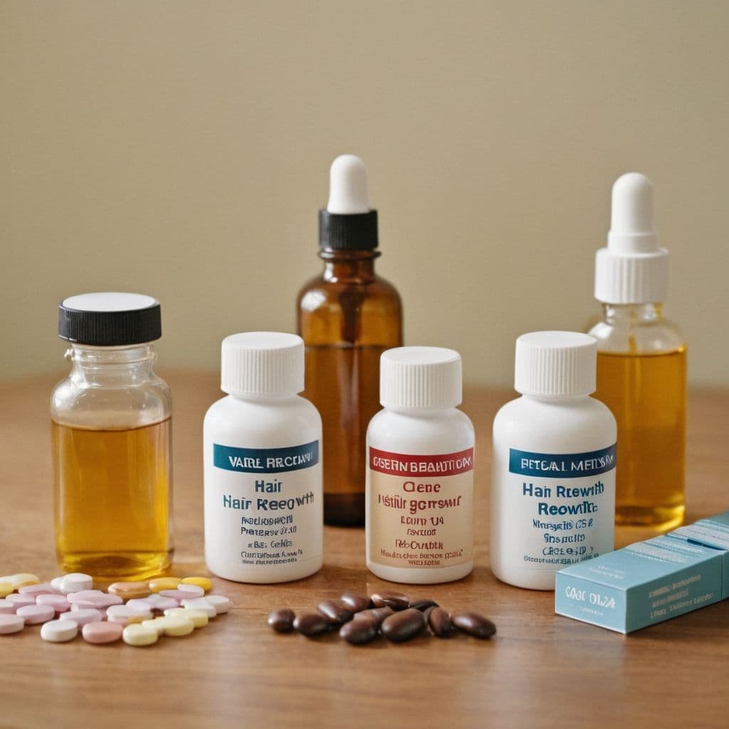Various hair regrowth medications displayed on a table, clear labels visible, in a bright and clean setting, Photographic, High-resolution photography with natural lighting.