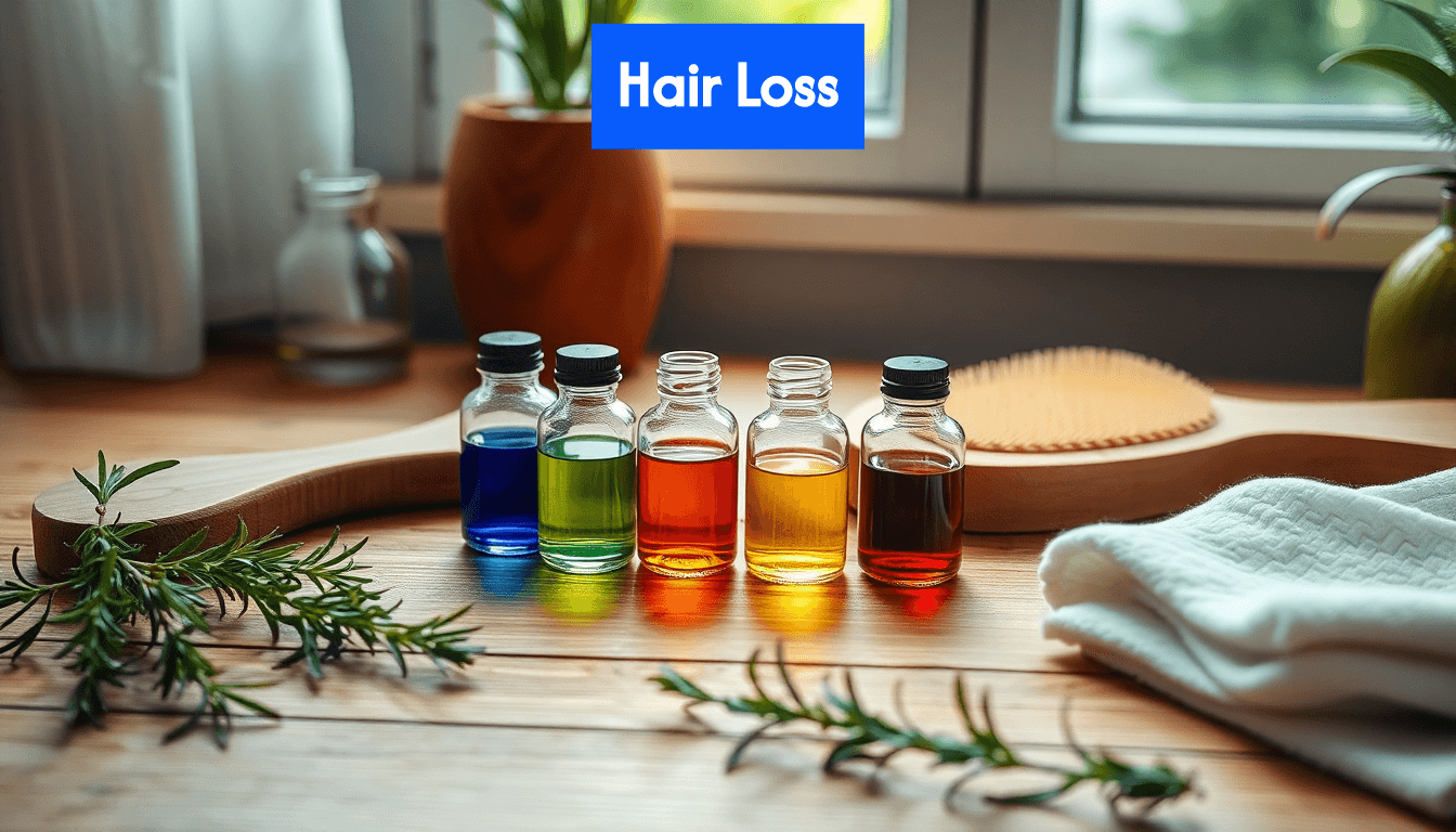 Bottles of natural oils and hair care accessories