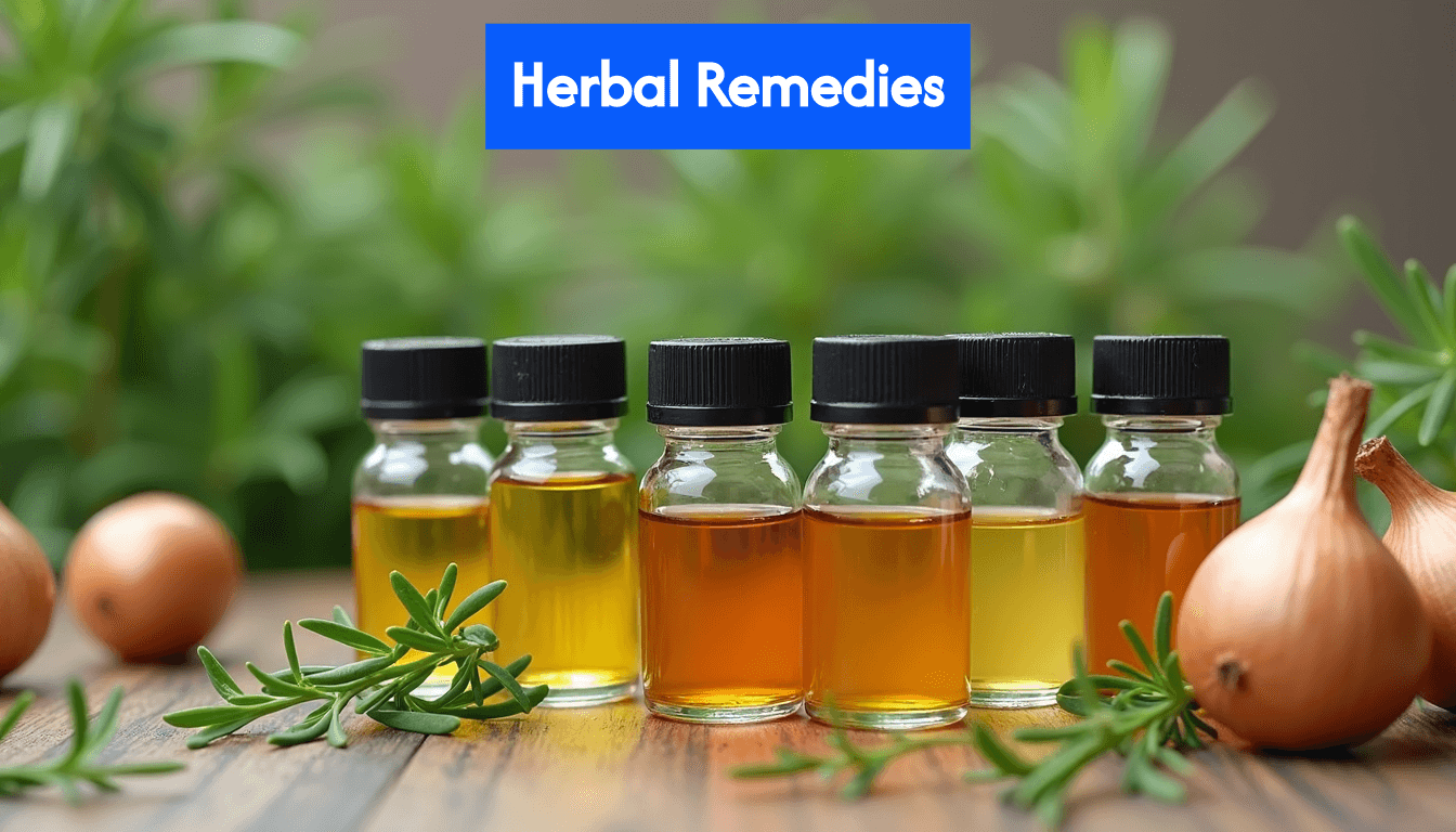 Bottles of rosemary oil and onion juice with herbs.