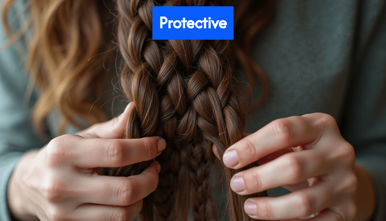 Hands braiding a section of hair.