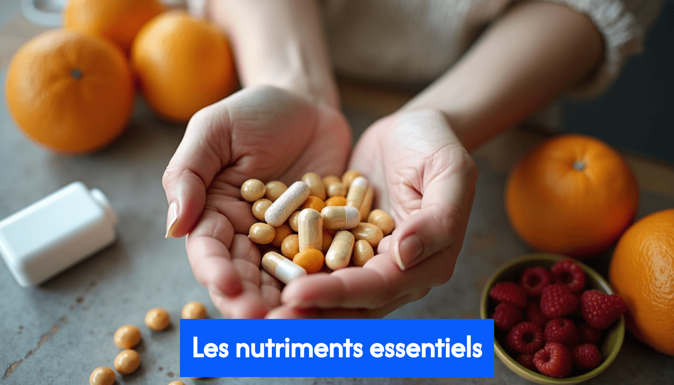 Hands holding supplement capsules with fruits