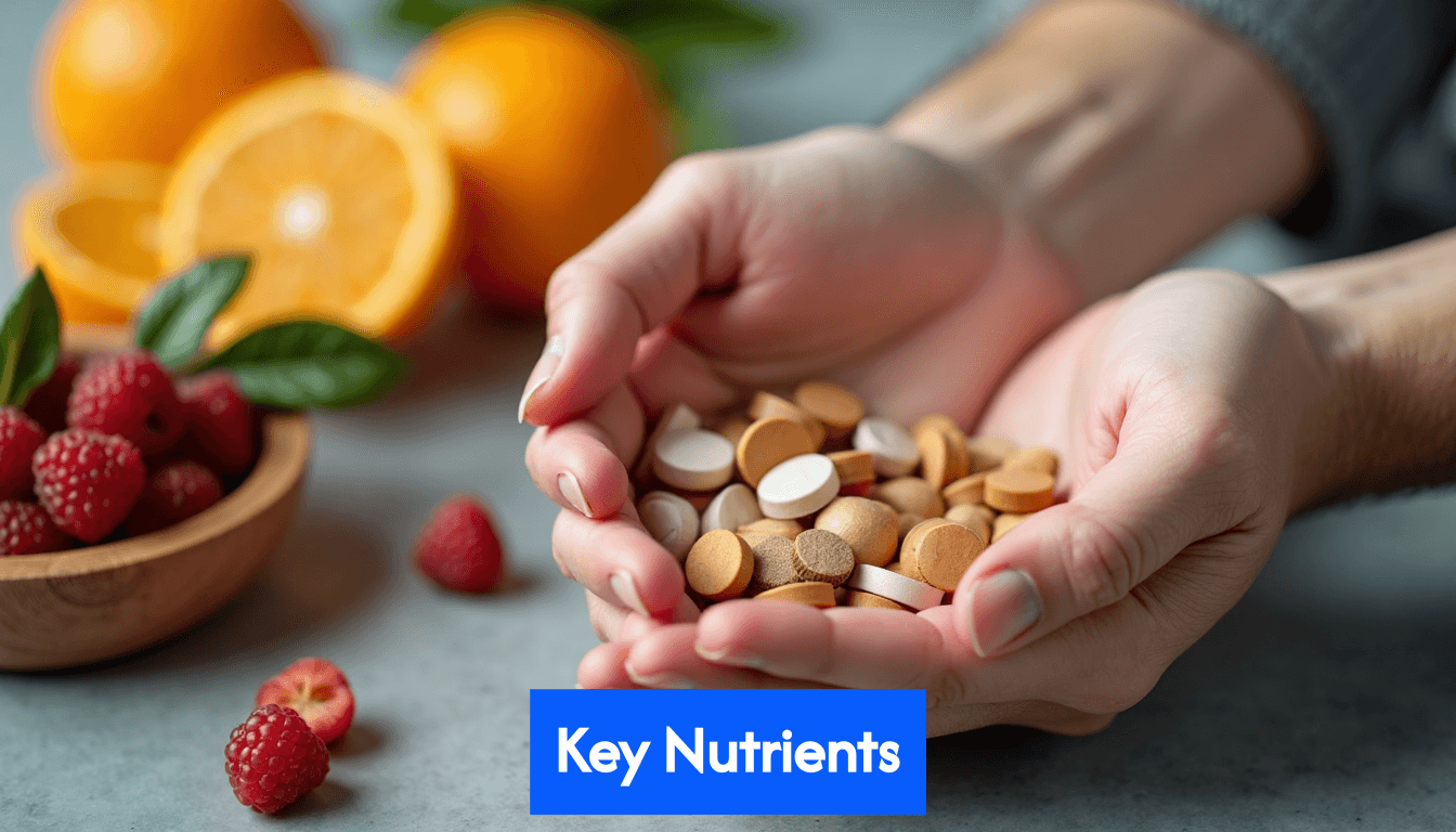 Hands holding supplement capsules with fruits