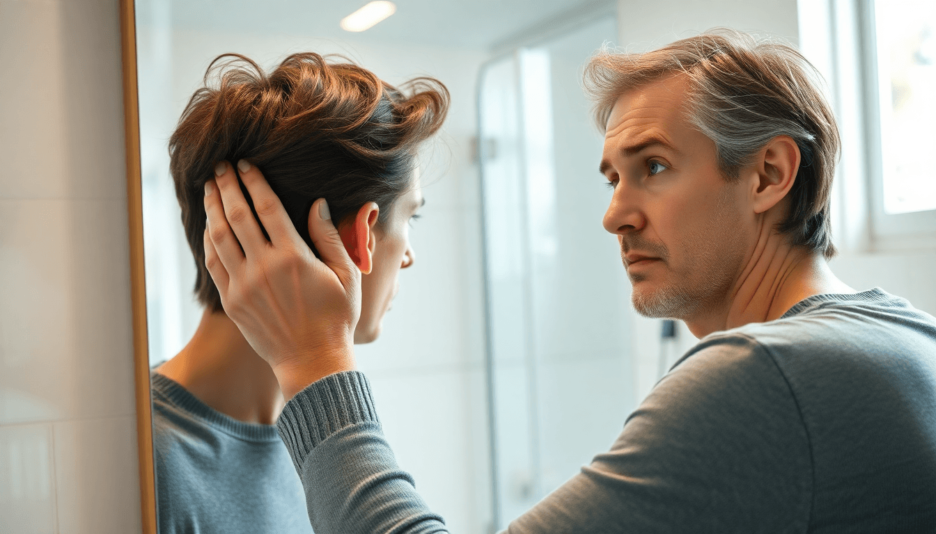 Person checking hair thinning in mirror
