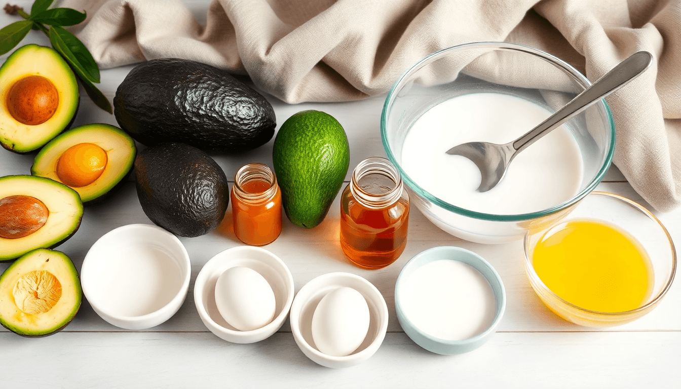 Natural ingredients prepared for hair mask on kitchen counter