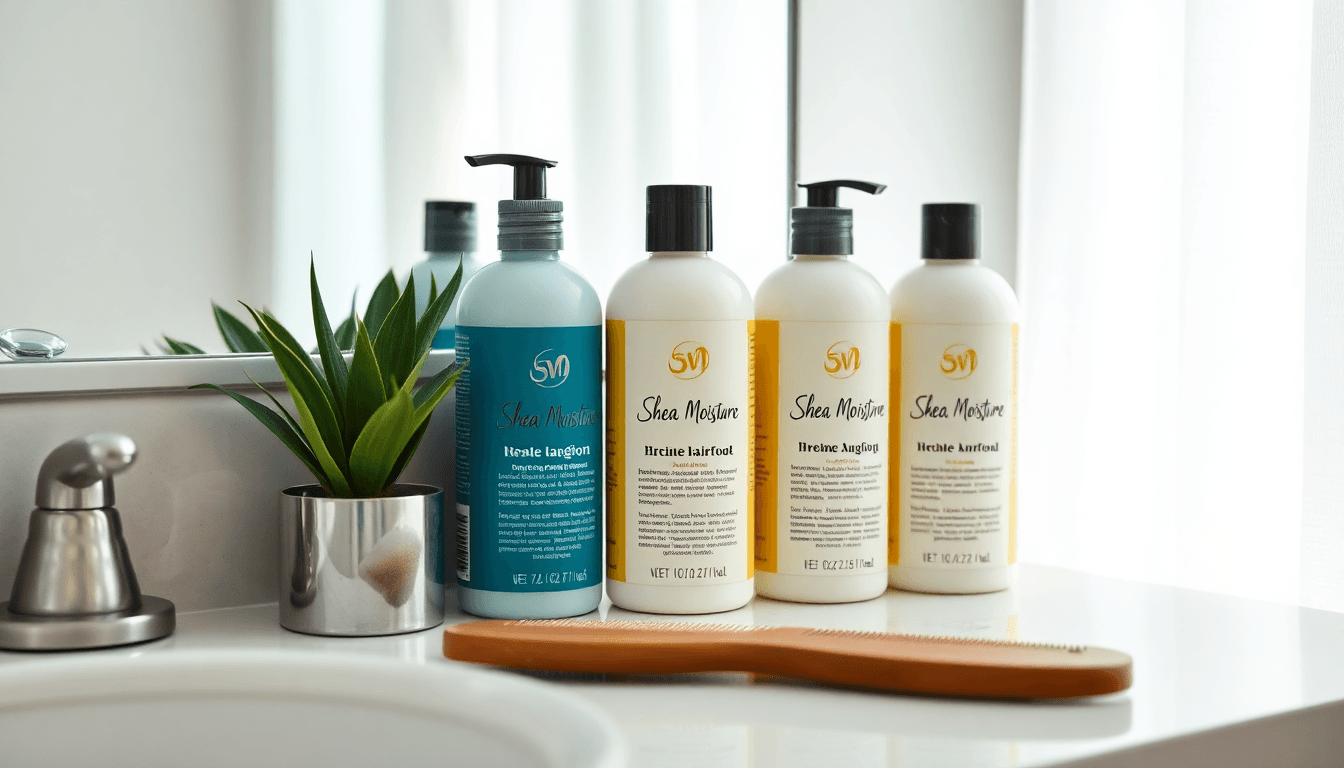 Shea Moisture products arranged on vanity