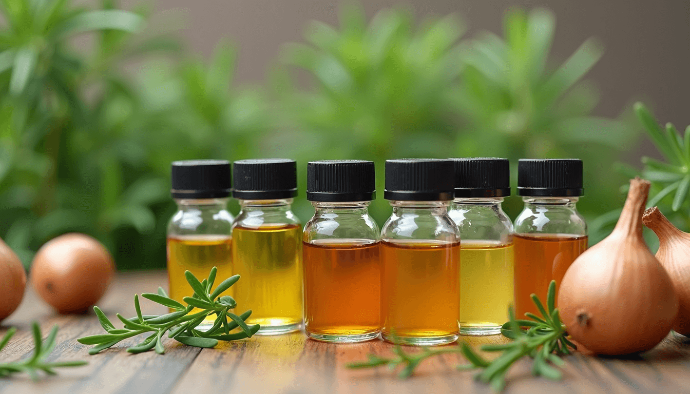 Bottles of rosemary oil and onion juice with herbs.