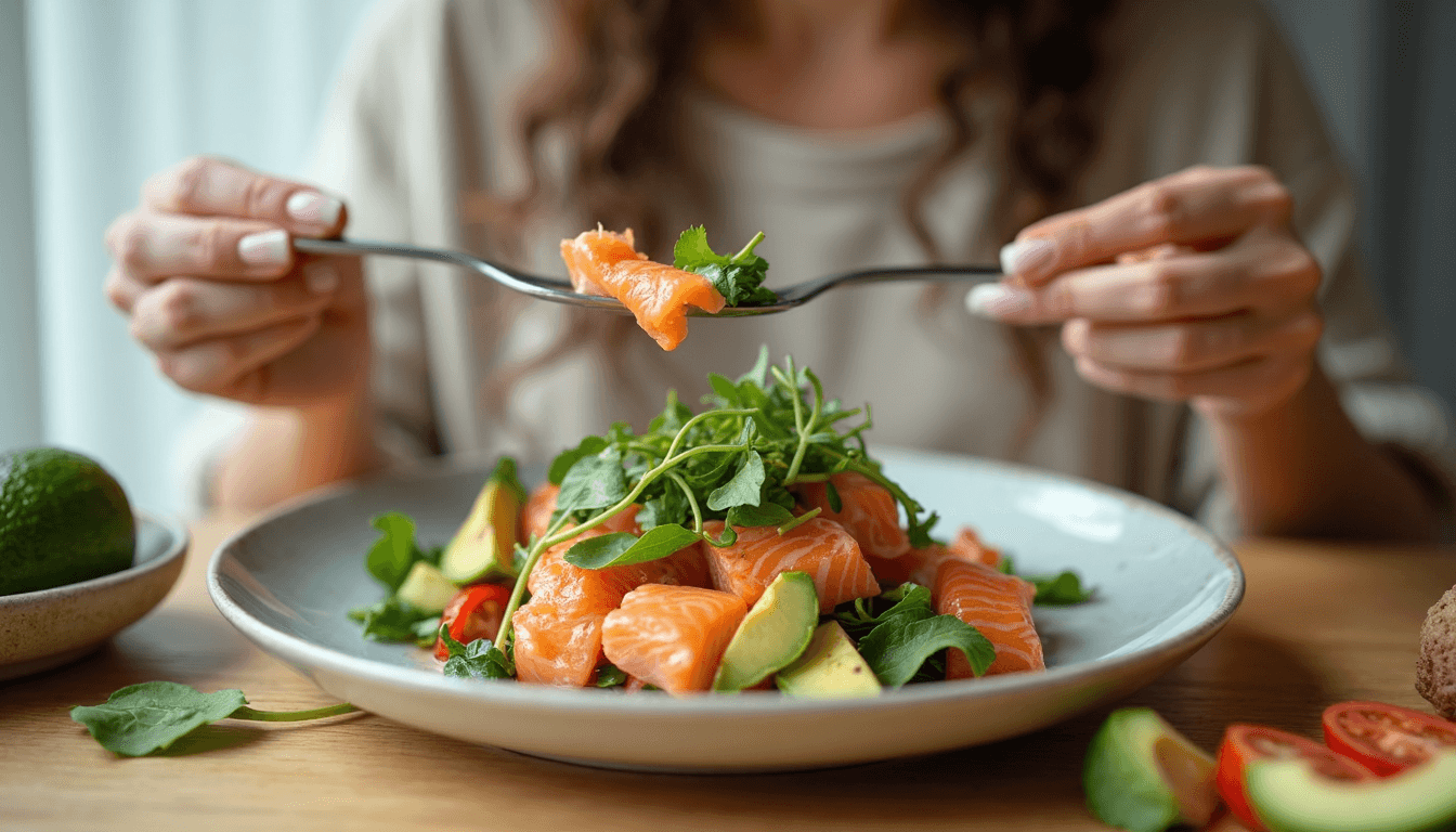 Person eating a meal of salmon, spinach, and avocado.