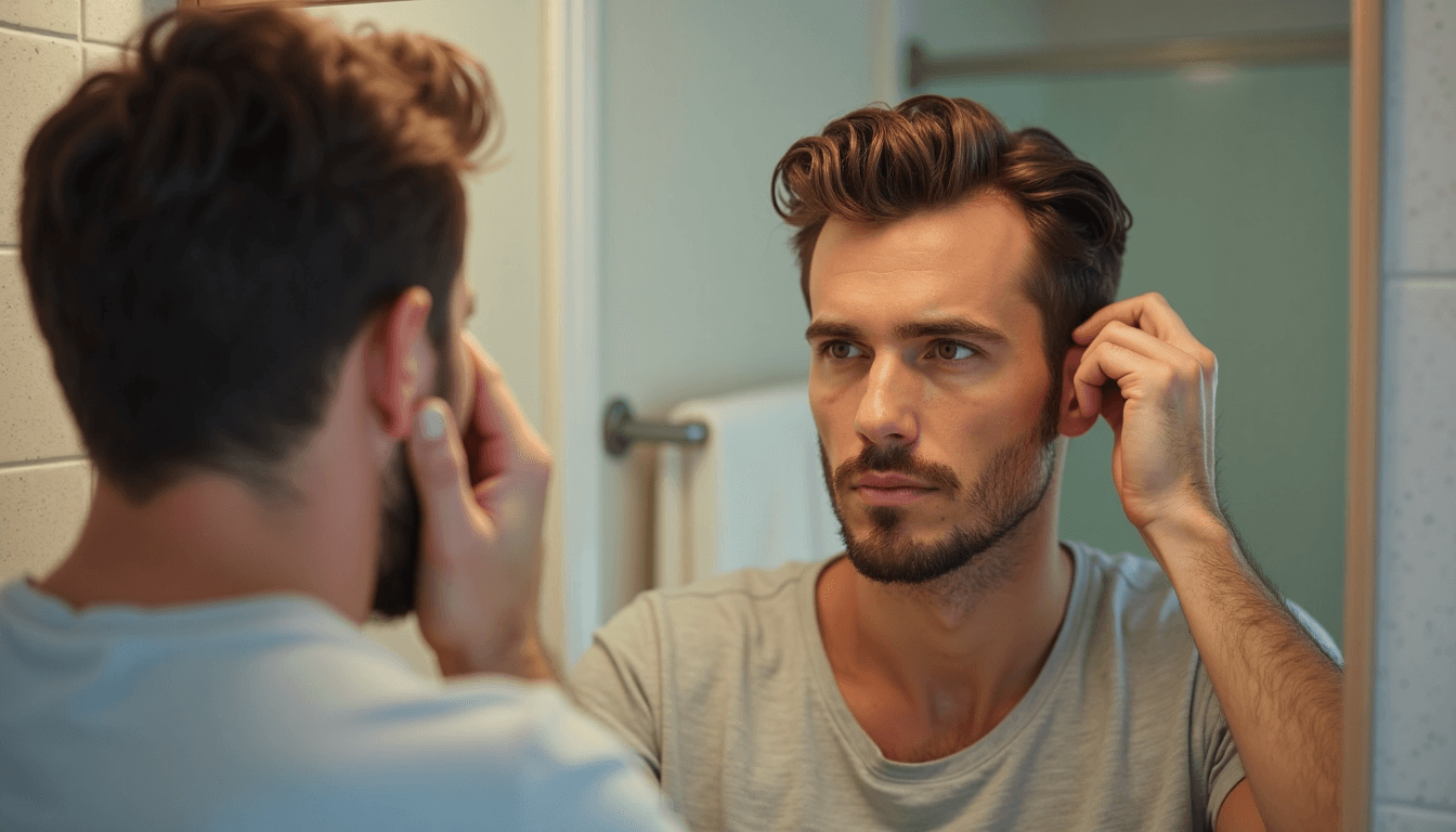 Man checking his hairline in a mirror.