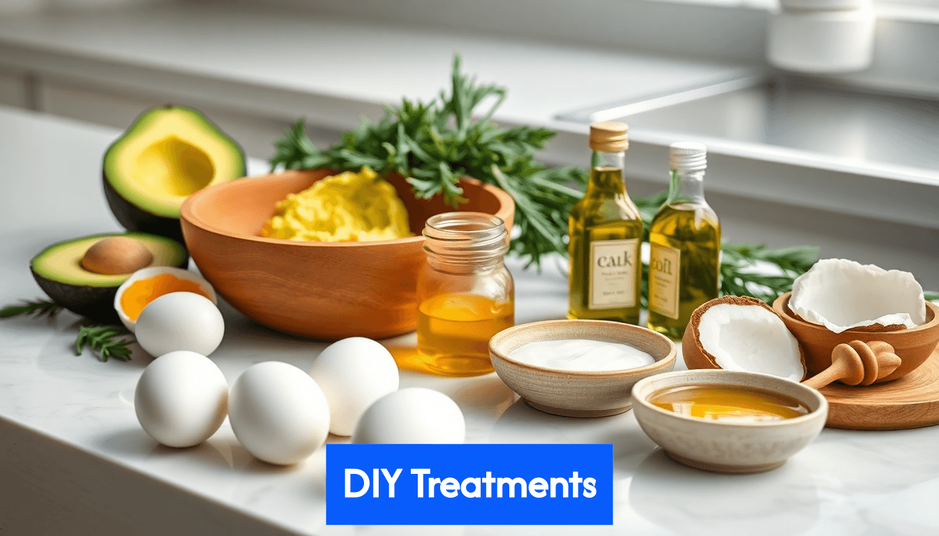 Kitchen counter with natural DIY hair mask ingredients