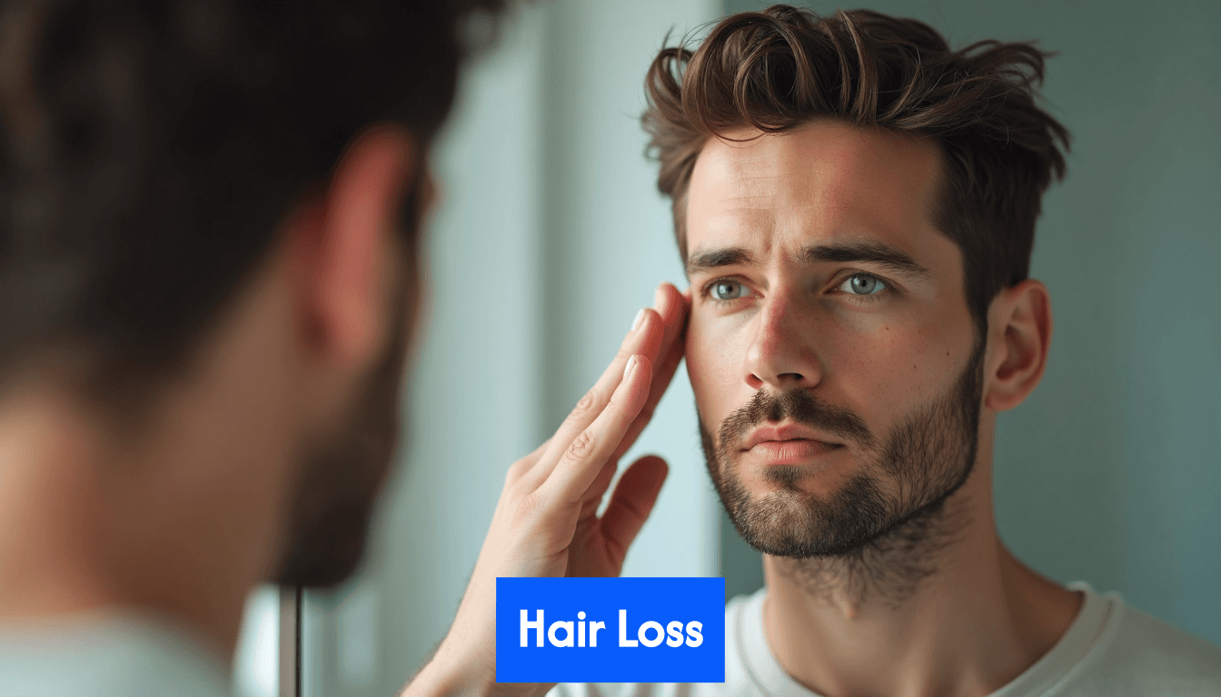 Man inspecting hairline in mirror