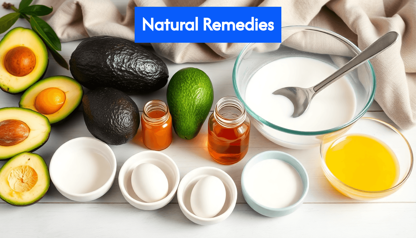 Natural ingredients prepared for hair mask on kitchen counter
