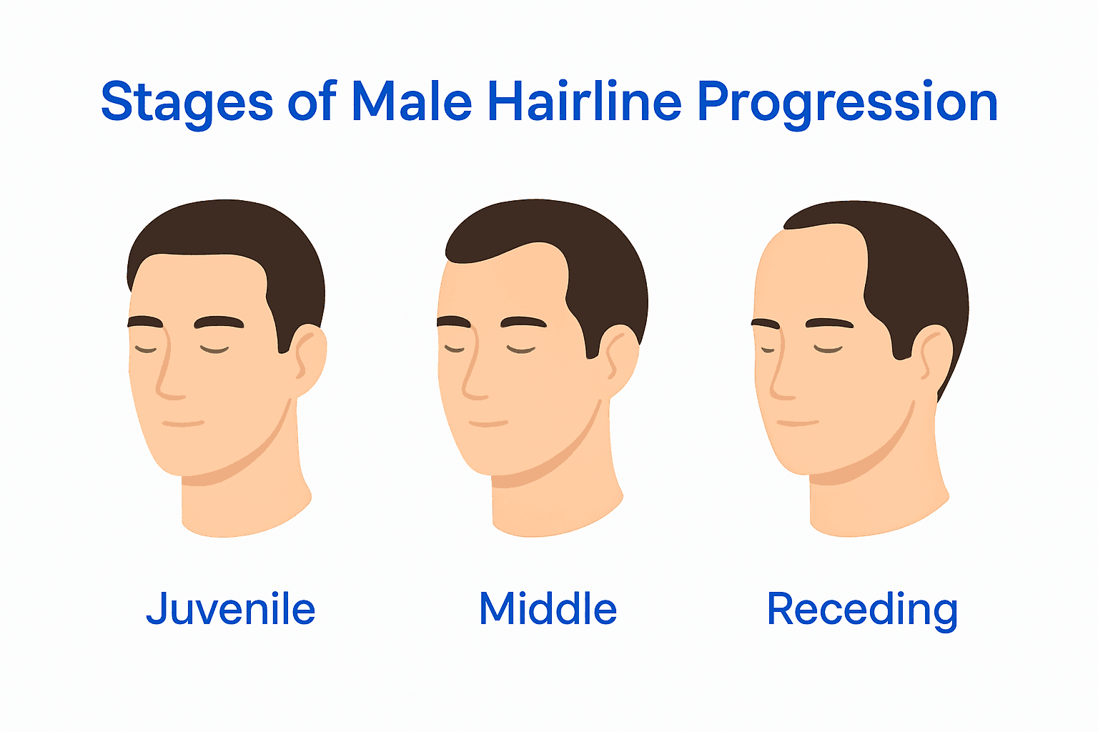 Diagram showing three stages of male hairline progression.