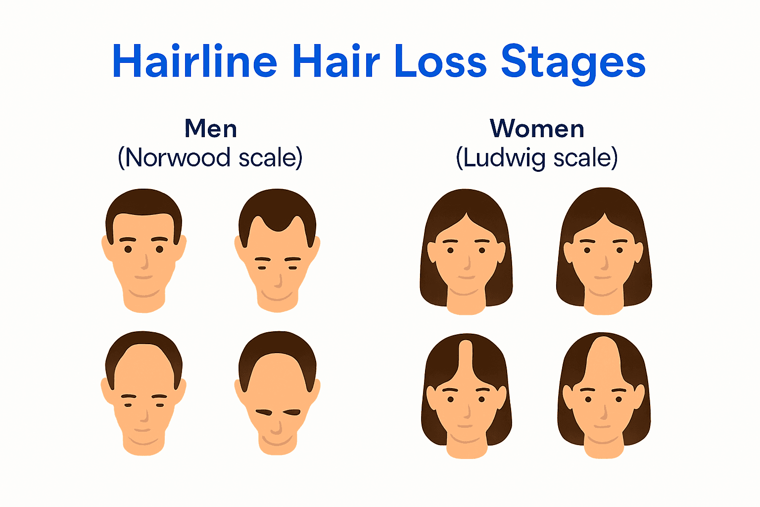 Stages of hairline hair loss illustrated by Norwood and Ludwig scales.