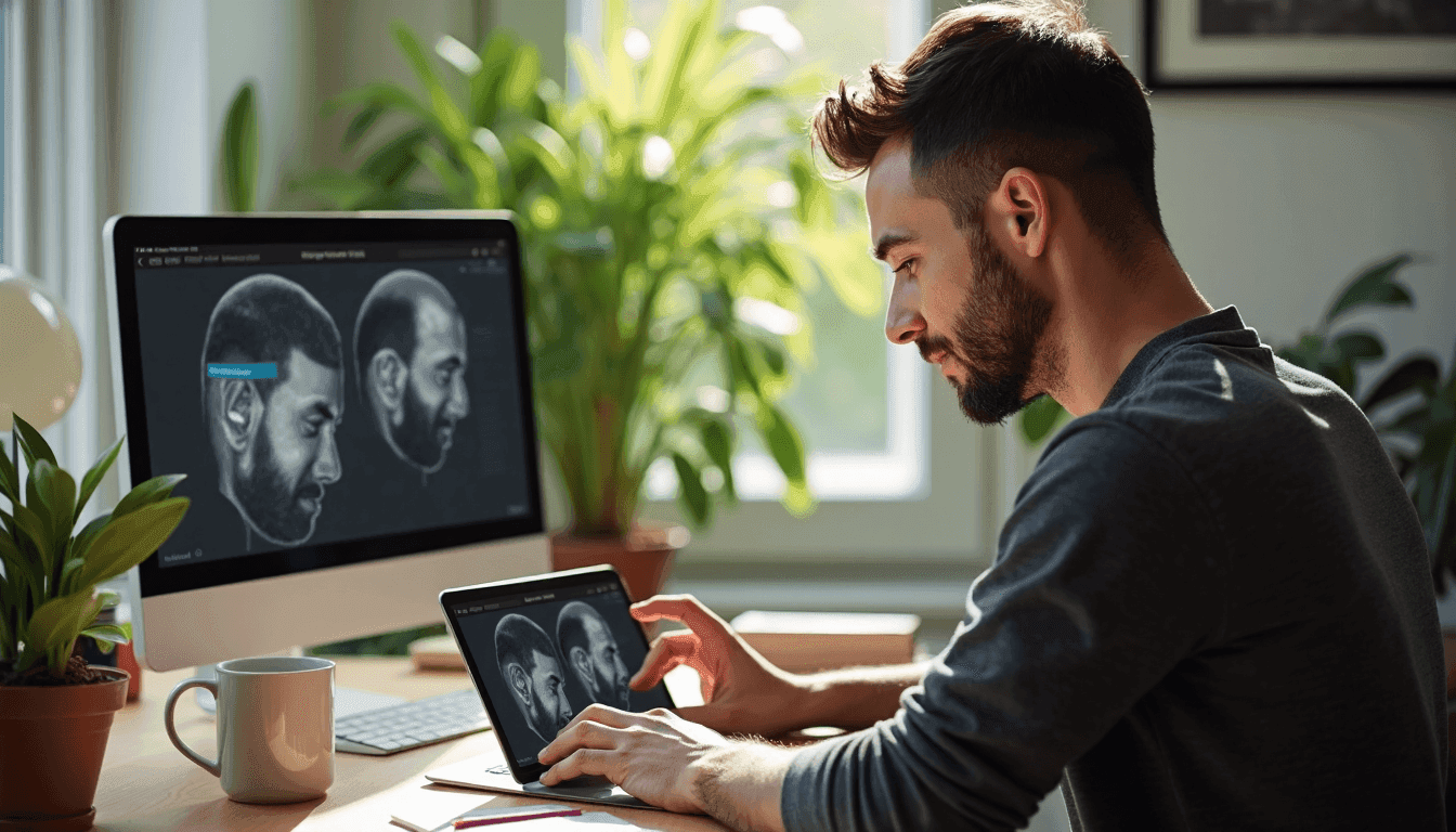 Man using tablet for hair growth digital tracking