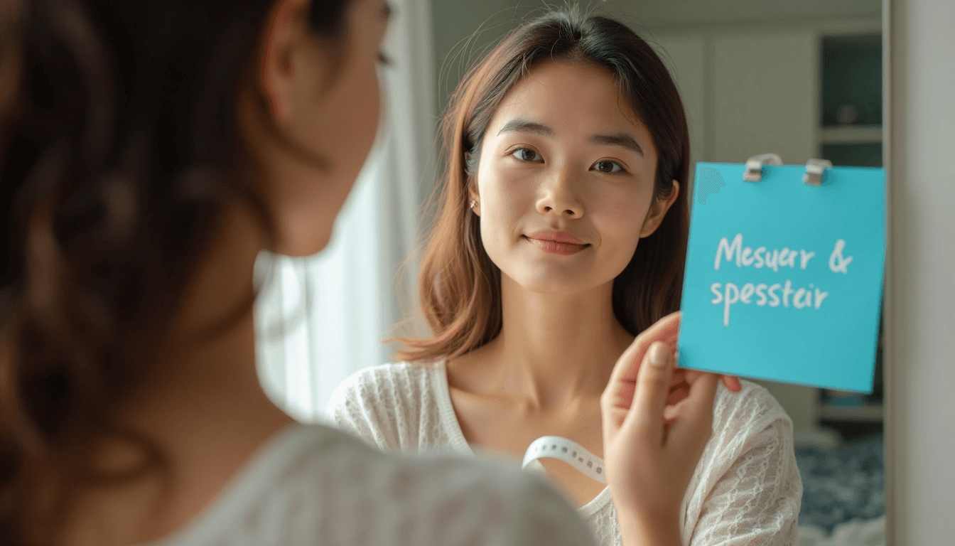 Woman measuring hair length at home by mirror