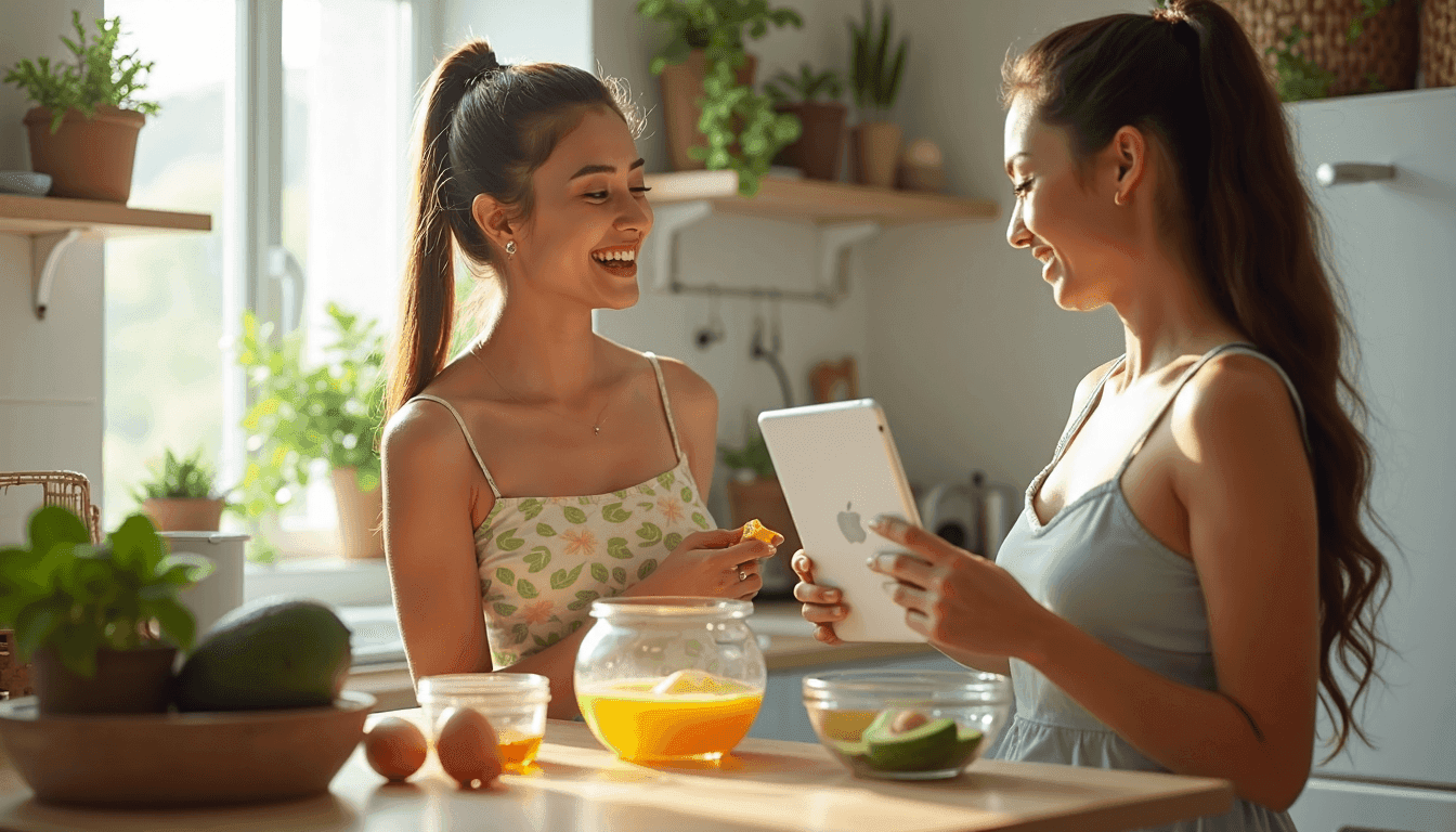 Friends mixing natural hair mask in sunlit kitchen