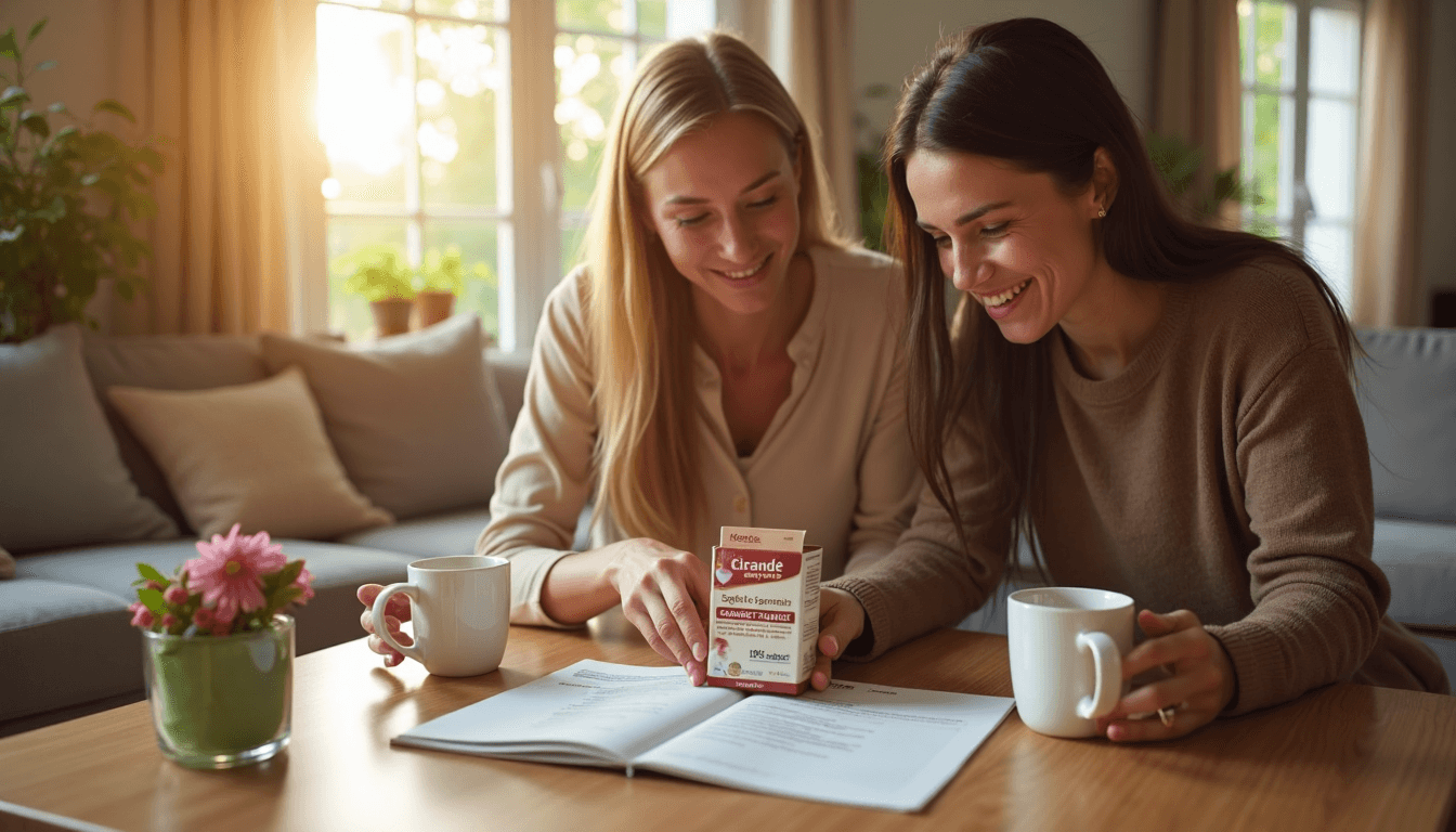 Deux amies discutent des vitamines pour cheveux avec boîte et dépliant sur la table