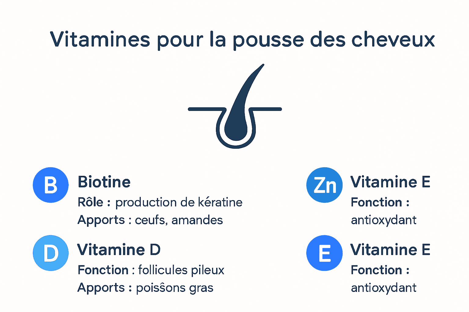 Schéma visuel : rôles et sources des vitamines pour la croissance des cheveux