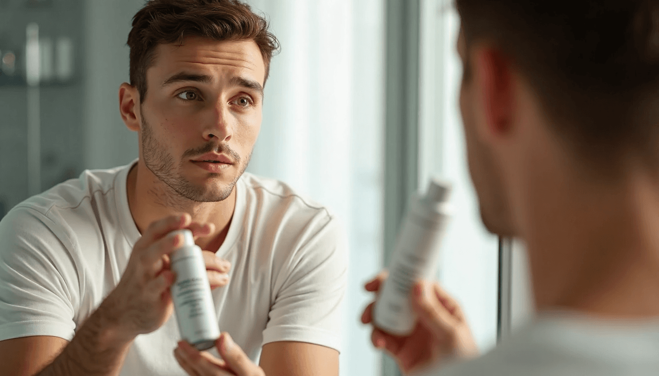 Man examining advanced hair treatment product at home
