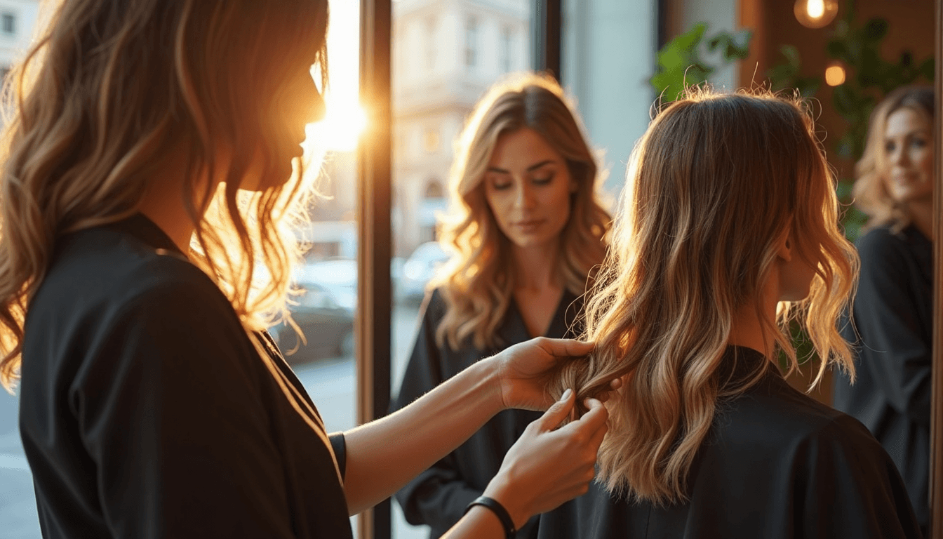 Stylist discusses heat-damaged hair with client in urban salon