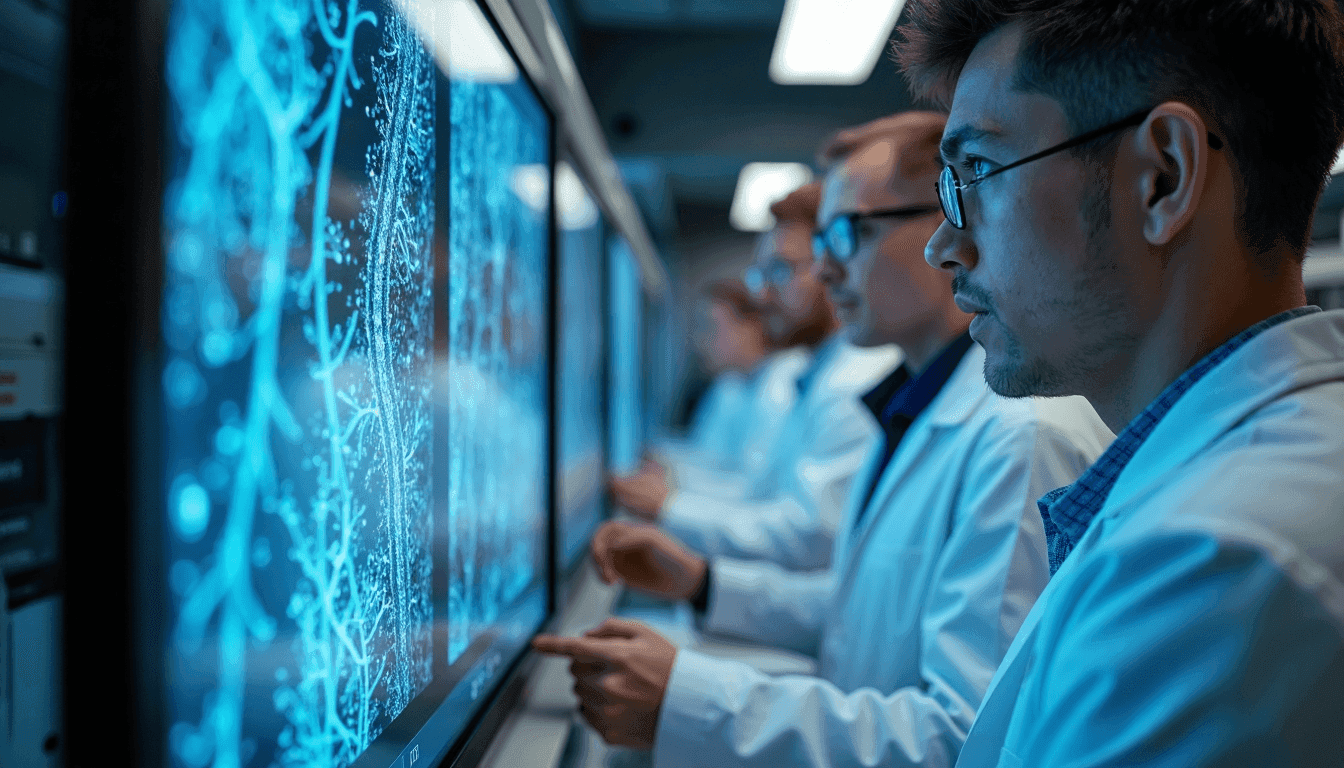 Scientists in lab with digital follicle scan and blue advances overlay