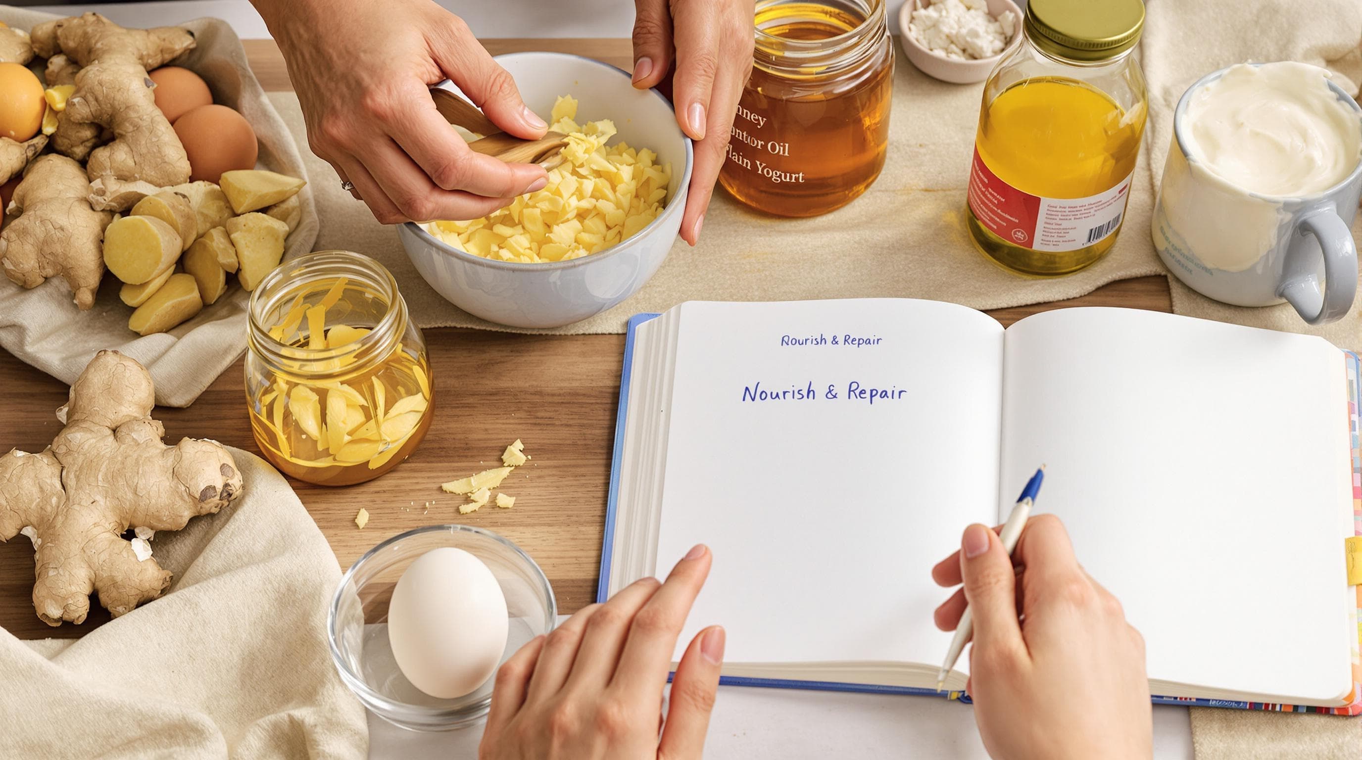 Hands preparing DIY natural hair conditioner with healthy ingredients