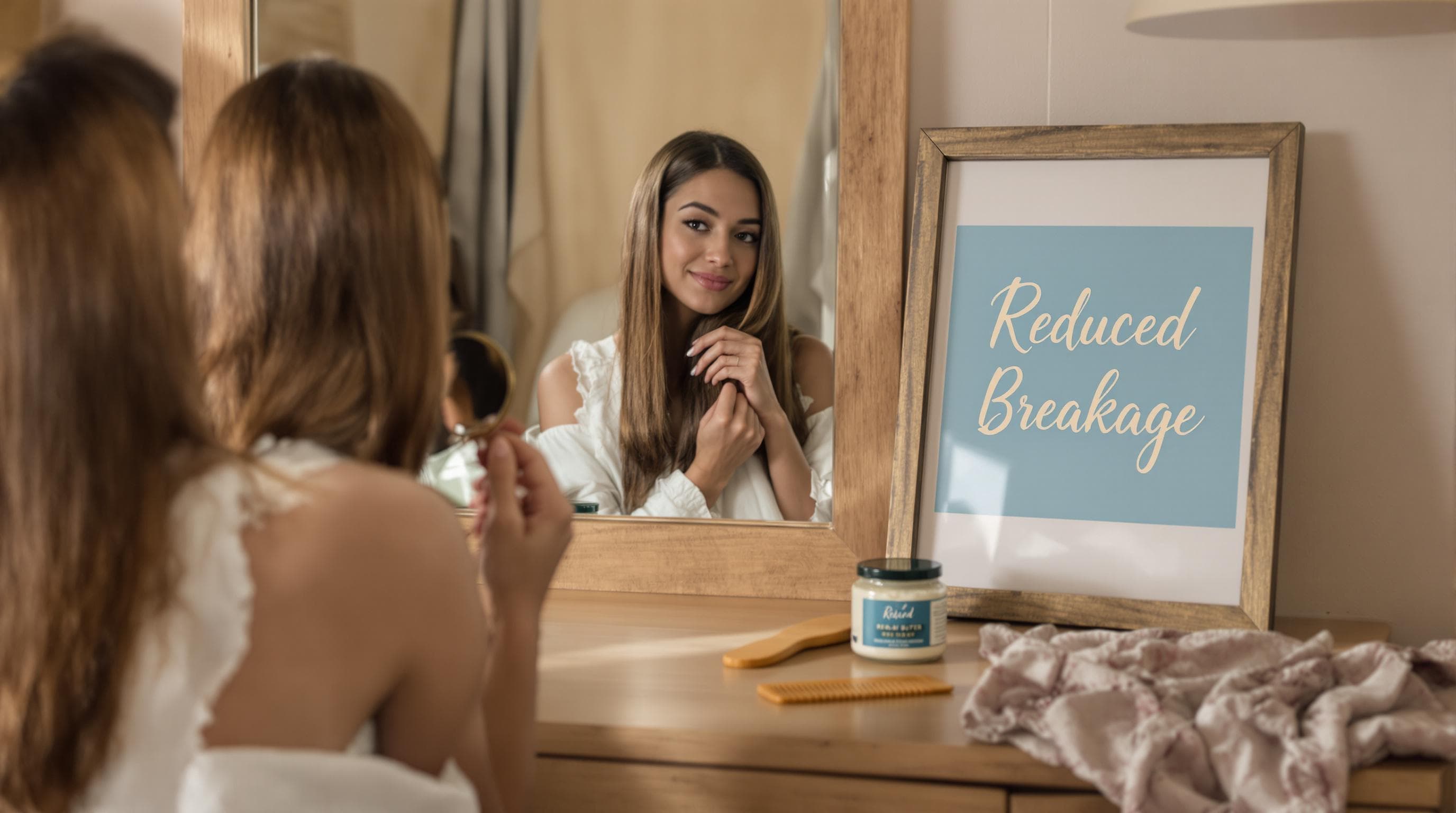 Person examines straight hair by vanity with shea butter jar