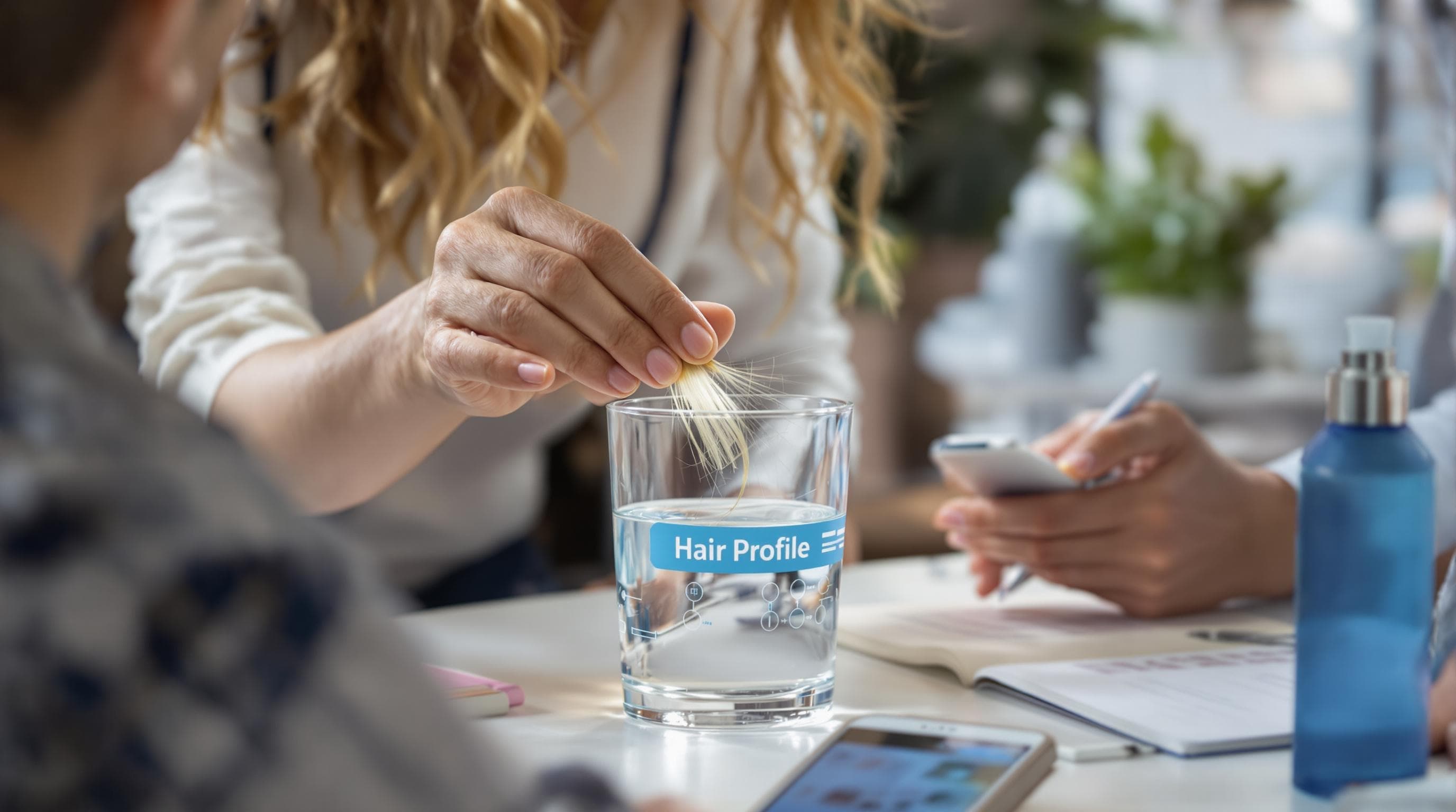 People performing hair porosity test with 'Hair Profile' on notes at table.