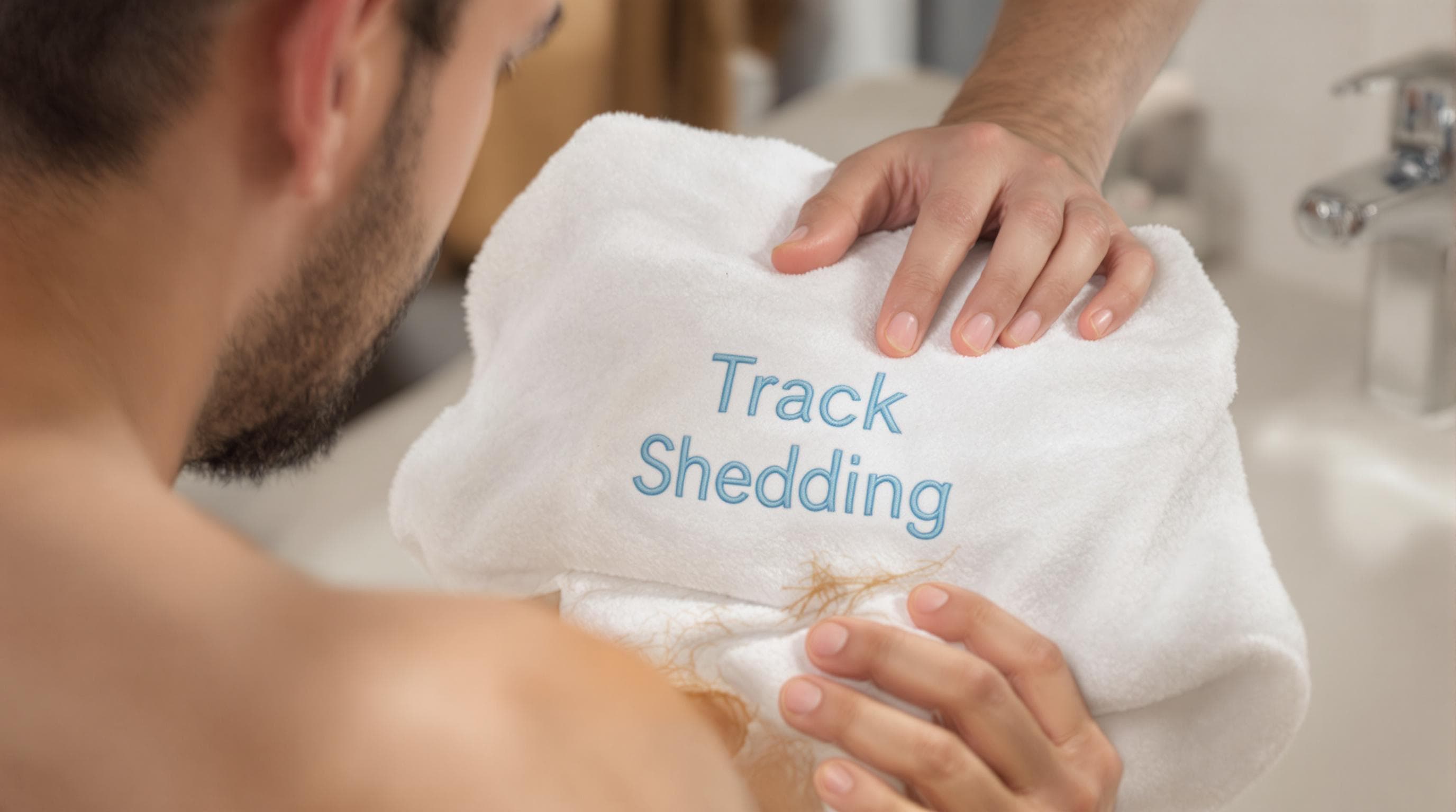 Man using white towel to monitor daily hair shedding after washing