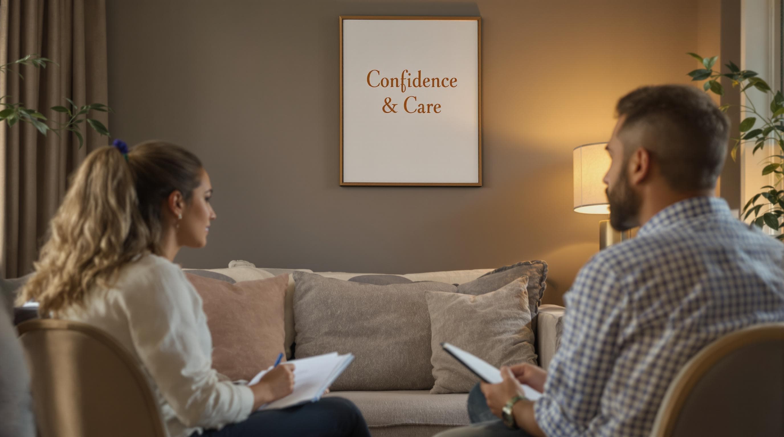 Man with patchy beard talks to counselor, 'Confidence & Care' on wall