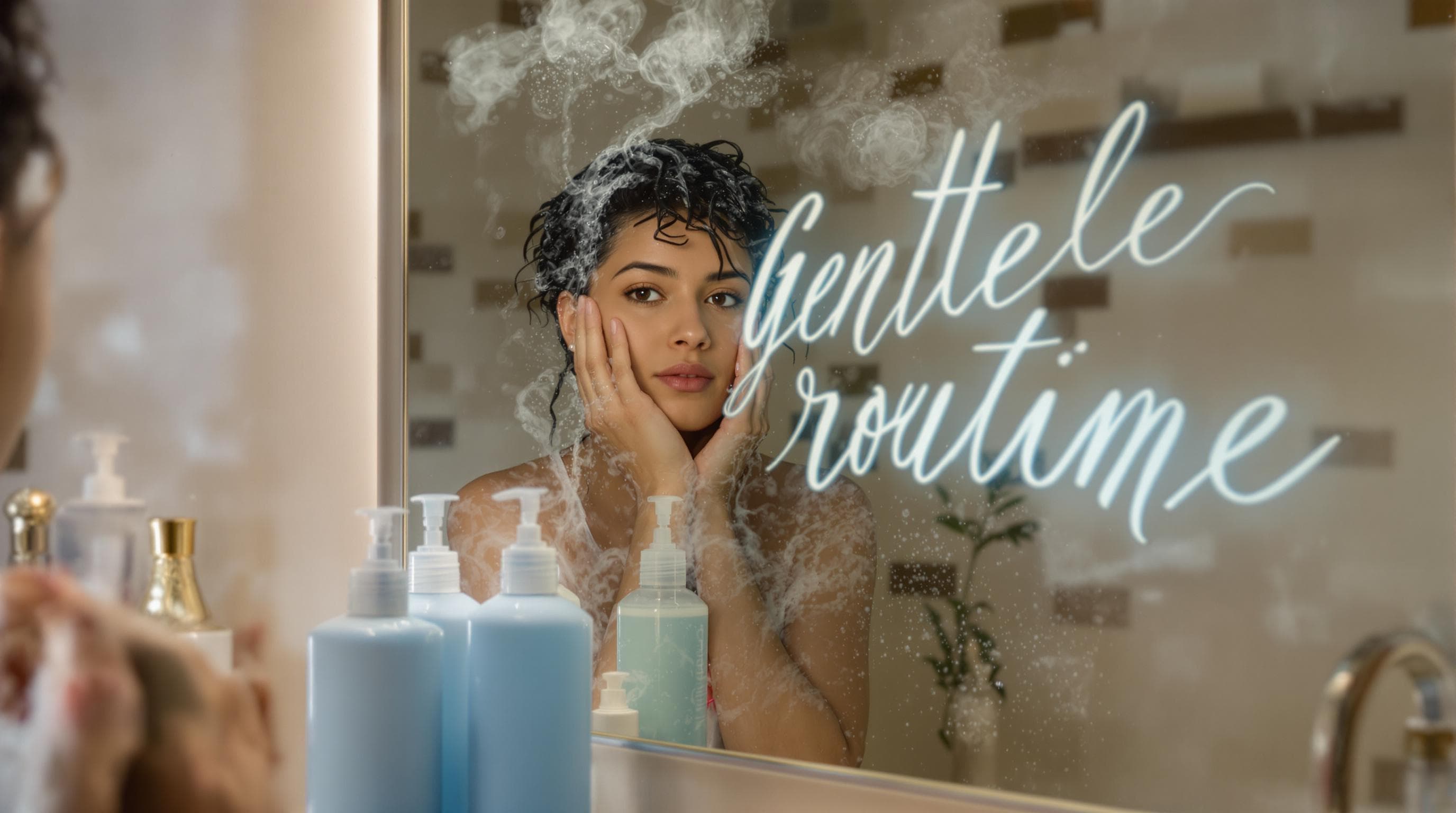 Person gently applying conditioner with Gentle Routine written on mirror
