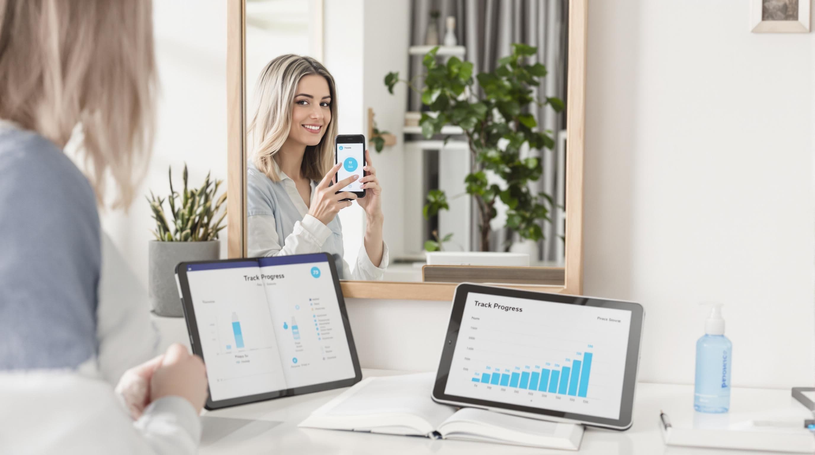 Woman uses phone and tablet to track hair growth at home