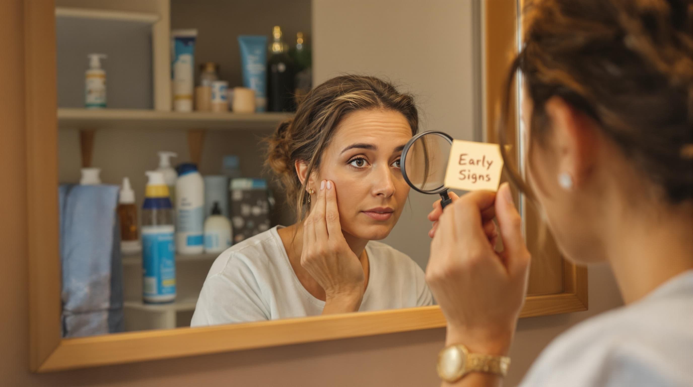 Woman inspects thinning hairline in mirror, sticky note reads 'Early Signs'