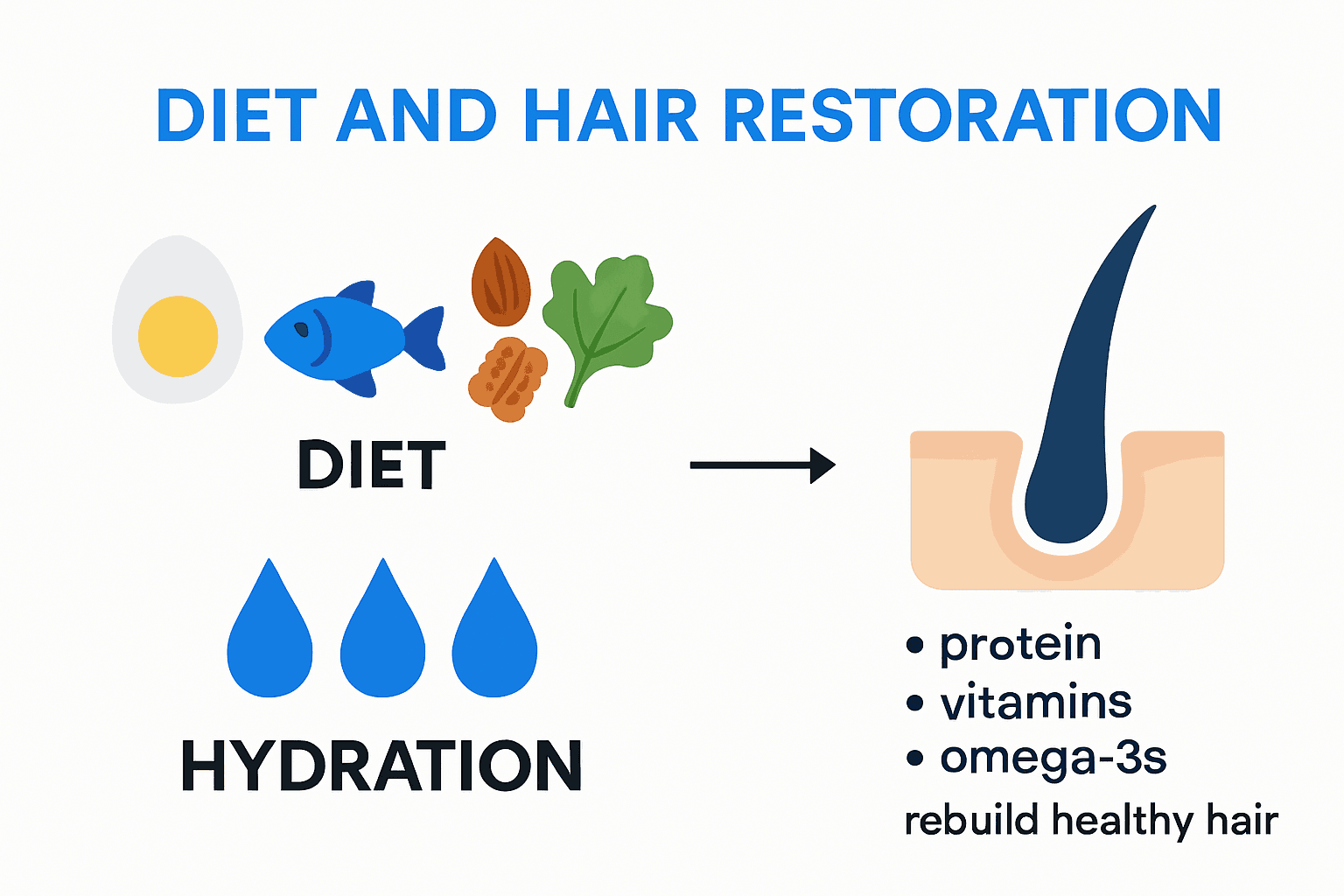 Infographic explaining nutrition and hydration for hair restoration