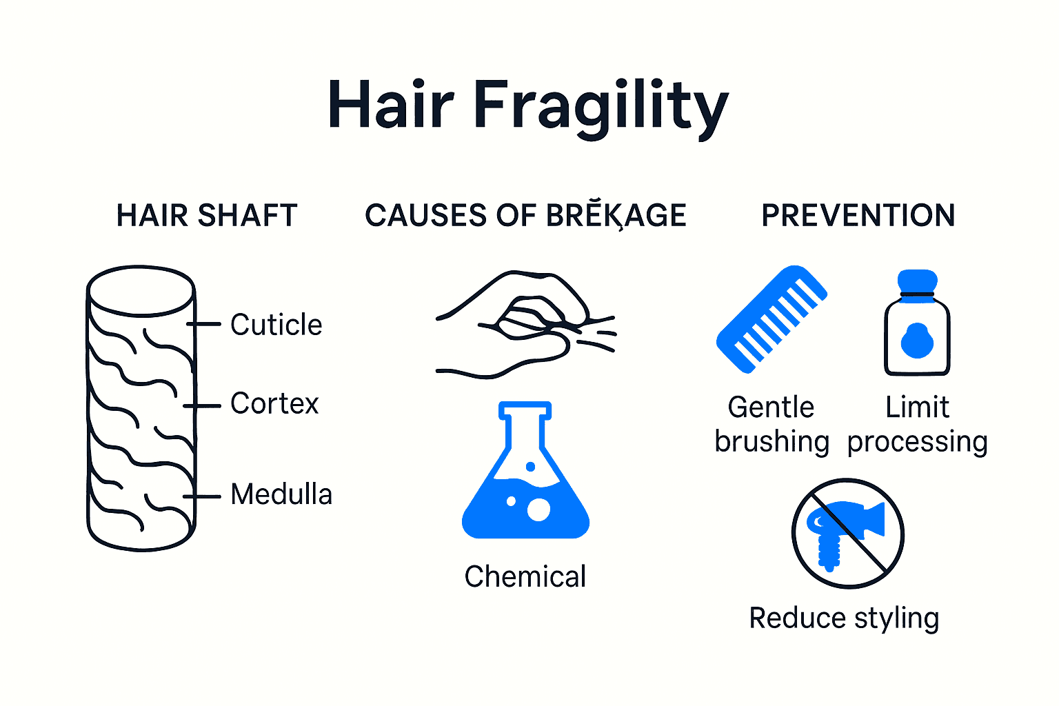 Infographic showing hair structure and causes of breakage