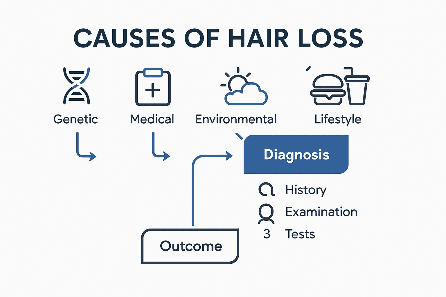 Infographic mapping causes and diagnosis steps of hair loss