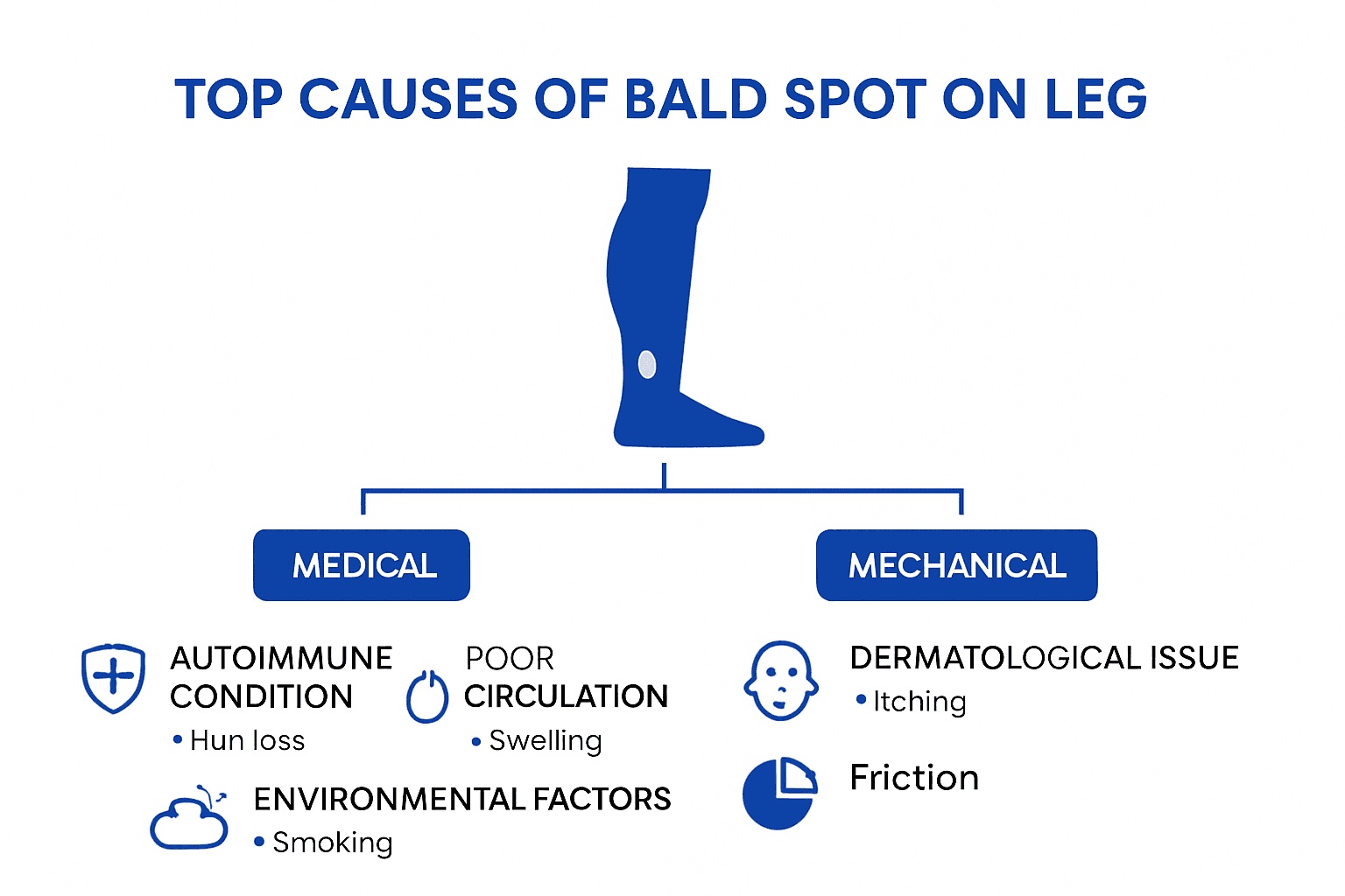 Infographic detailing main causes of bald spots on legs