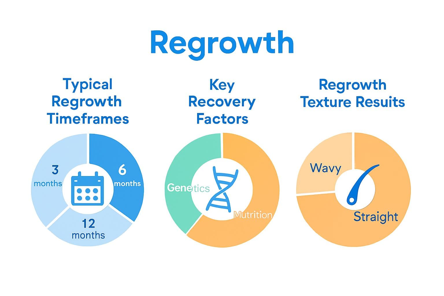 Three pie charts compare hair regrowth time, factors, and outcomes after chemotherapy