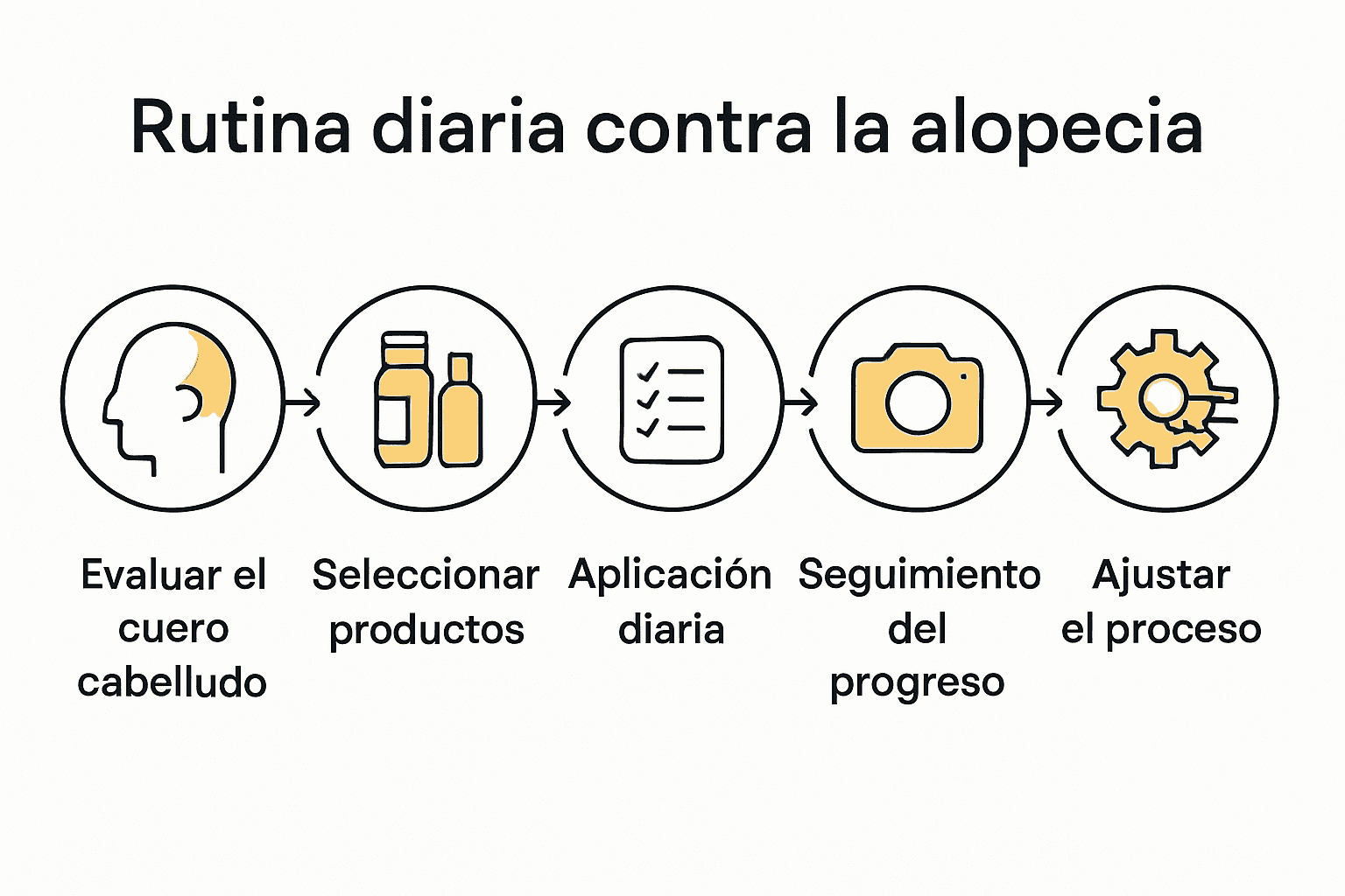 Infografía de rutina diaria contra la alopecia en cinco pasos