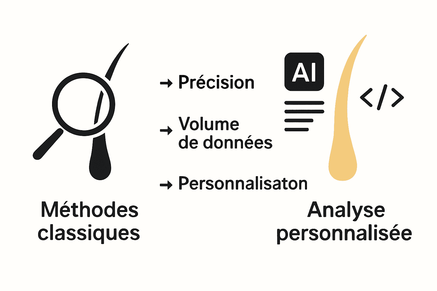 Comparaison visuelle entre diagnostic classique et analyse capillaire personnalisée
