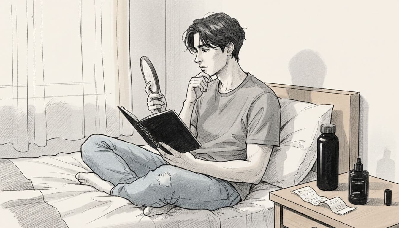 Man recording hair health changes in bedroom