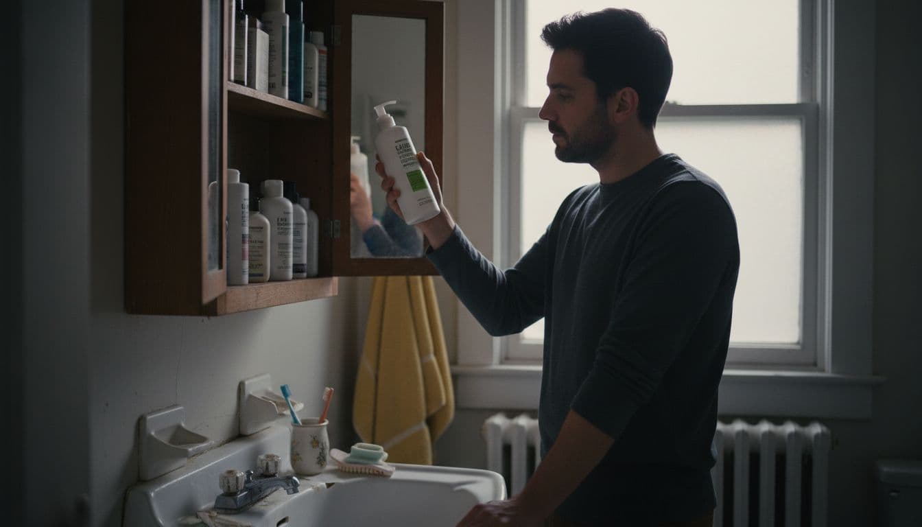 Man choosing haircare products in bathroom